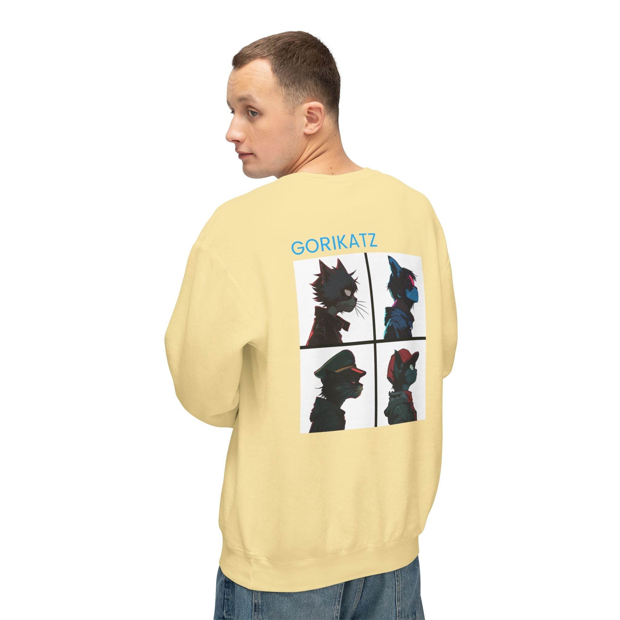Printify unisex eco-friendly sweatshirt in beige with colorful Gorikatz character artwork on the back
