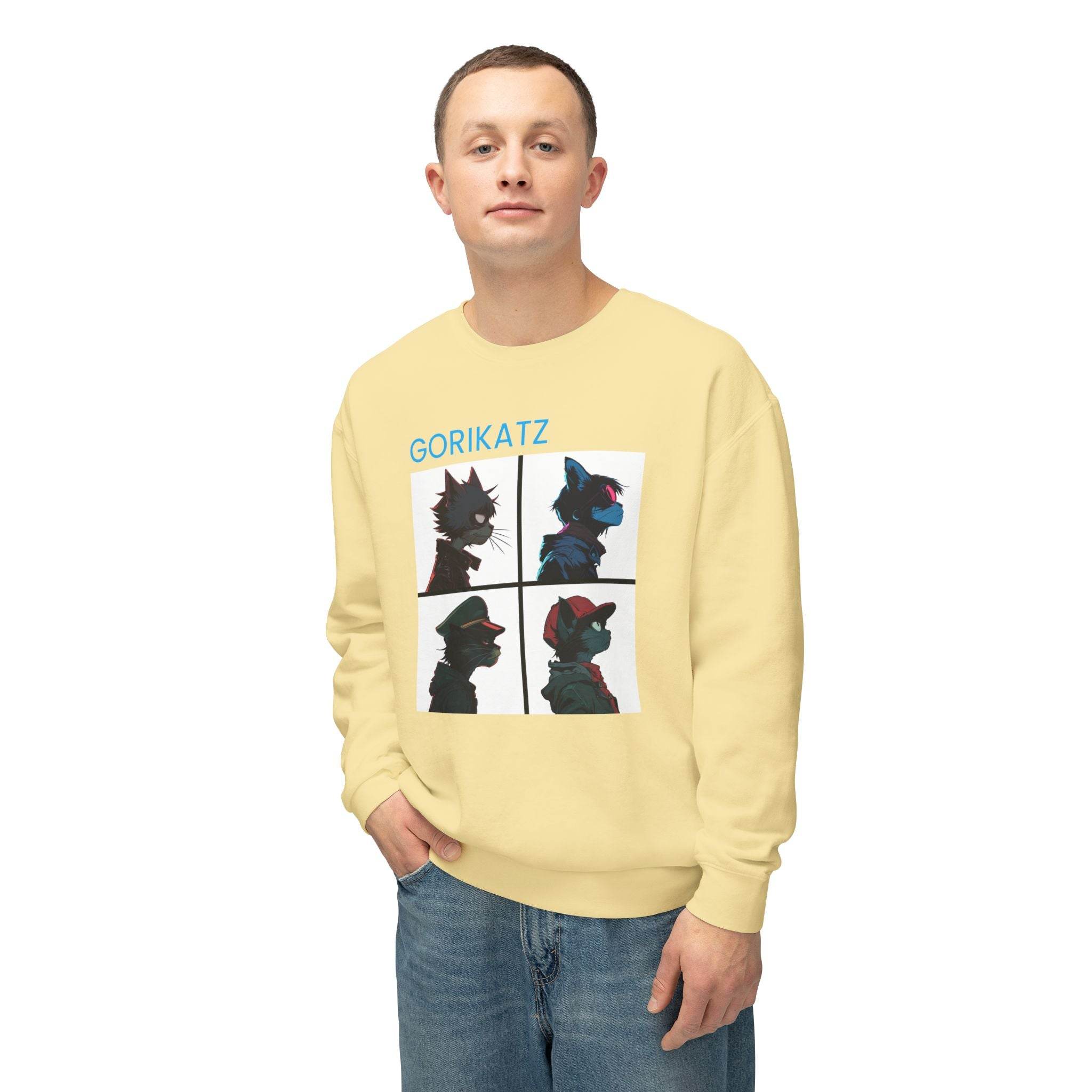 Printify unisex eco-friendly sweatshirt in light yellow with colorful Gorikatz graphic design