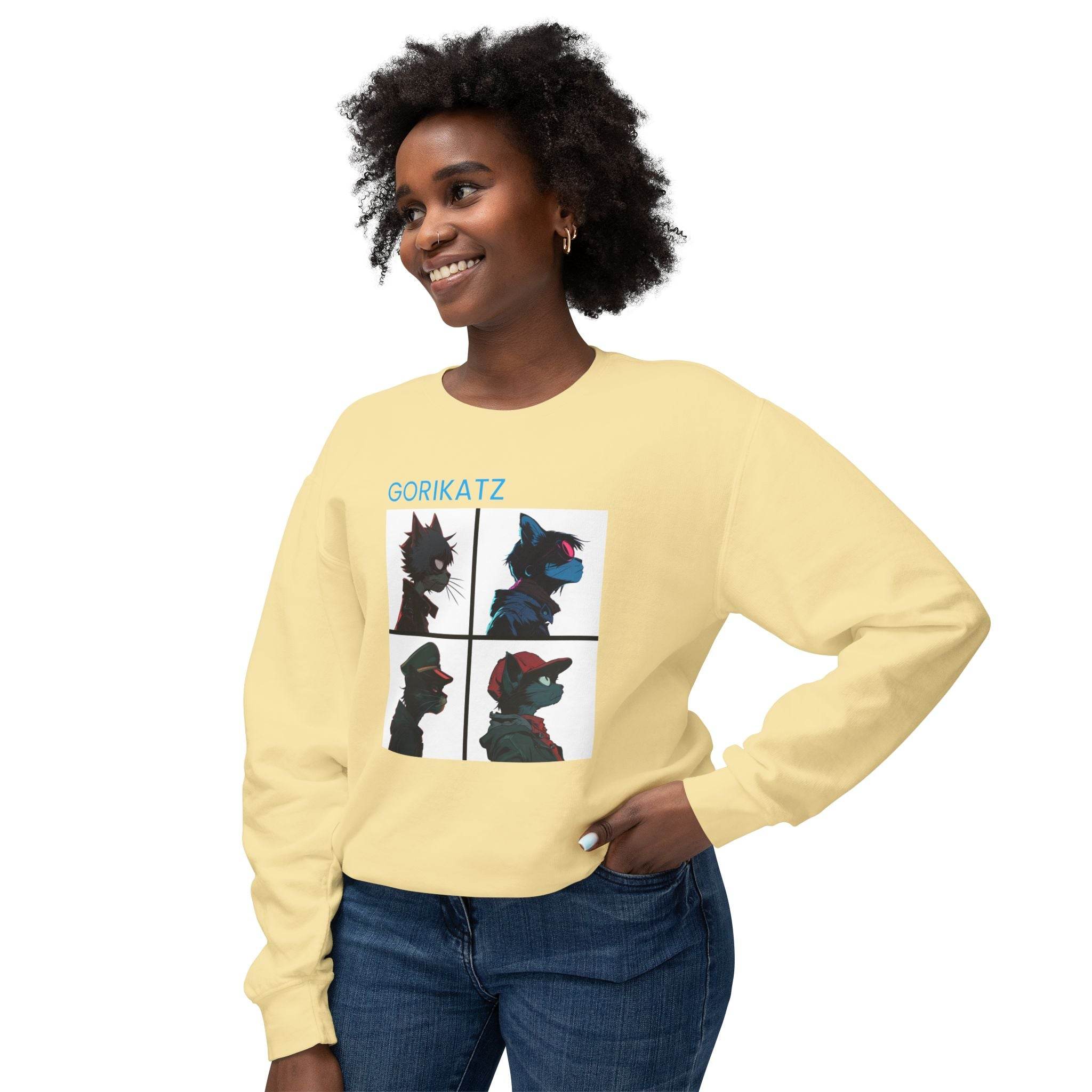Printify unisex eco-friendly sweatshirt in yellow with graphic gorikatz design worn by smiling woman