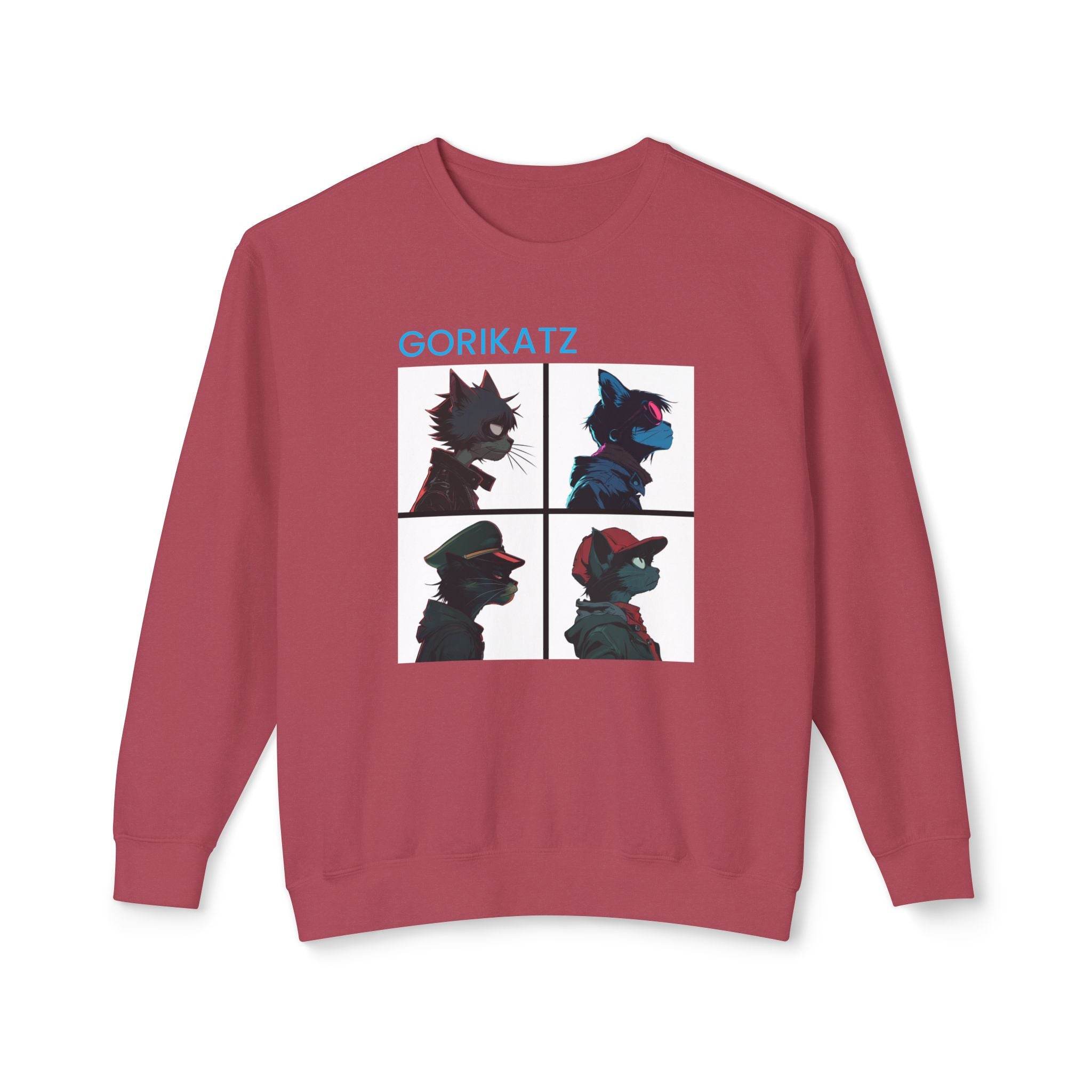 Printify unisex eco-friendly sweatshirt in red with four stylized cat profile illustrations