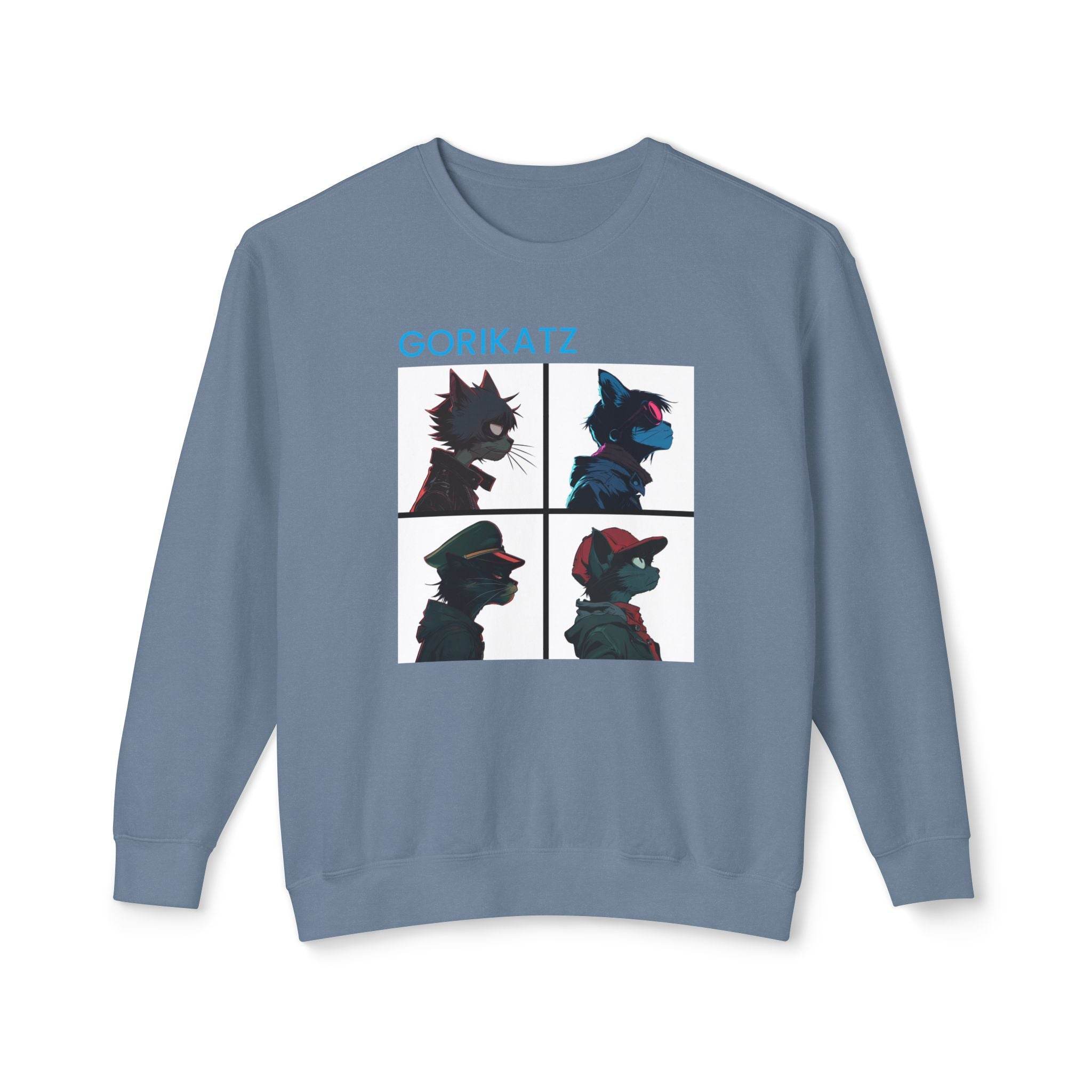 Printify unisex eco-friendly sweatshirt in blue with Gorikatz graphic design featuring four cat silhouettes
