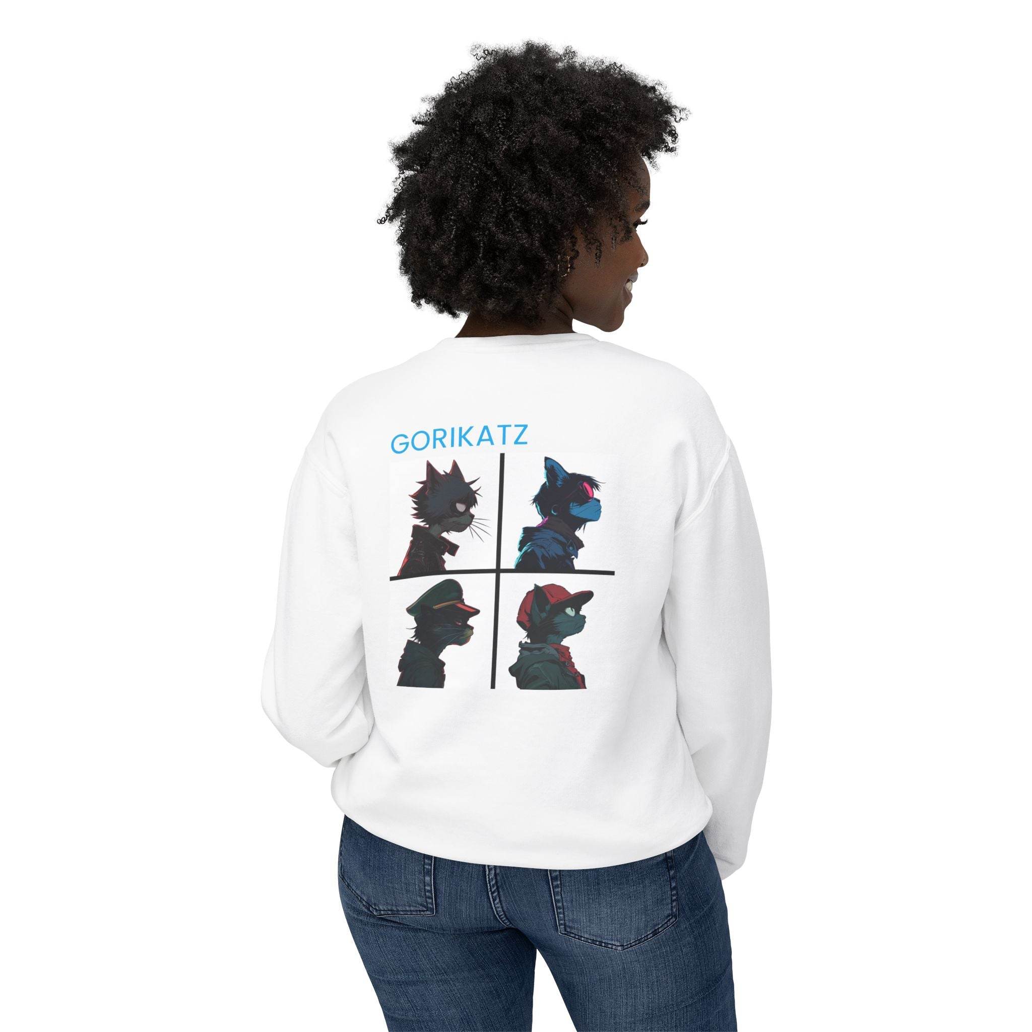 Printify unisex eco-friendly sweatshirt in white with colorful Gorikatz graphic on back
