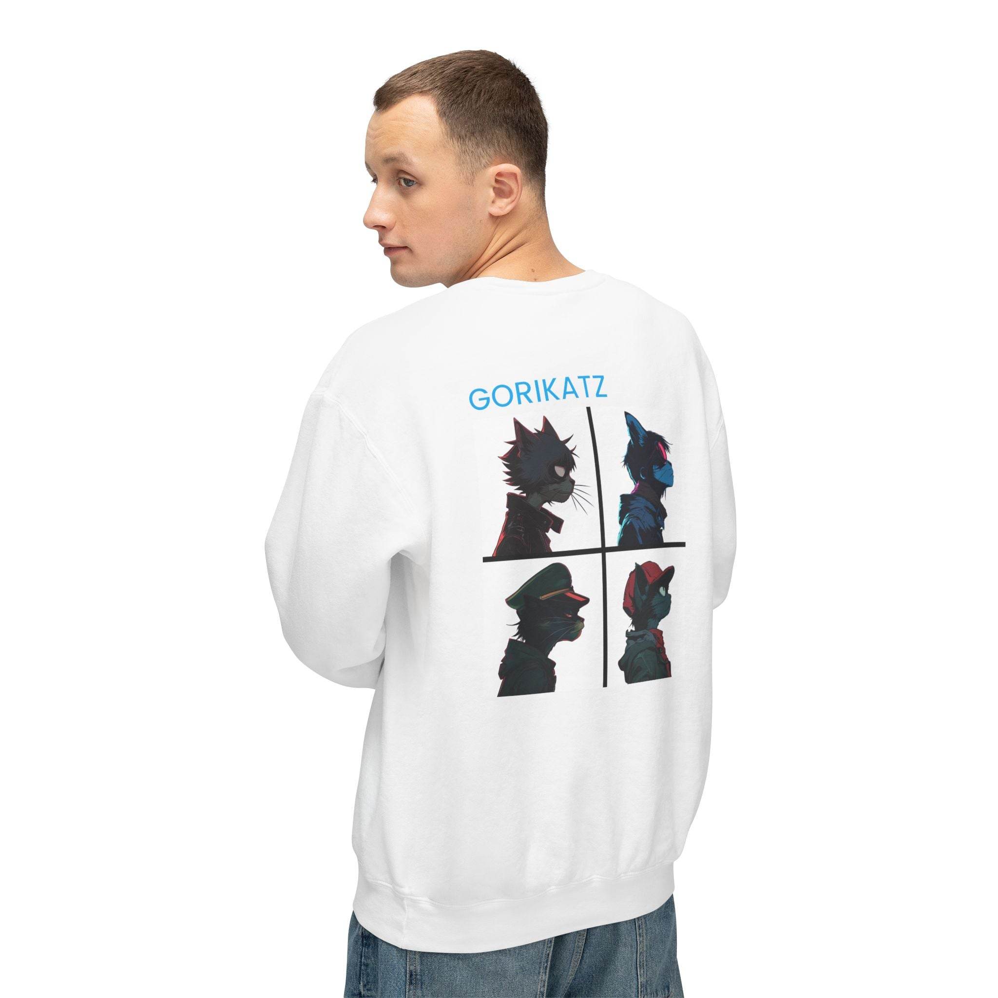Printify unisex eco-friendly sweatshirt white with Gorikatz graphic design on back