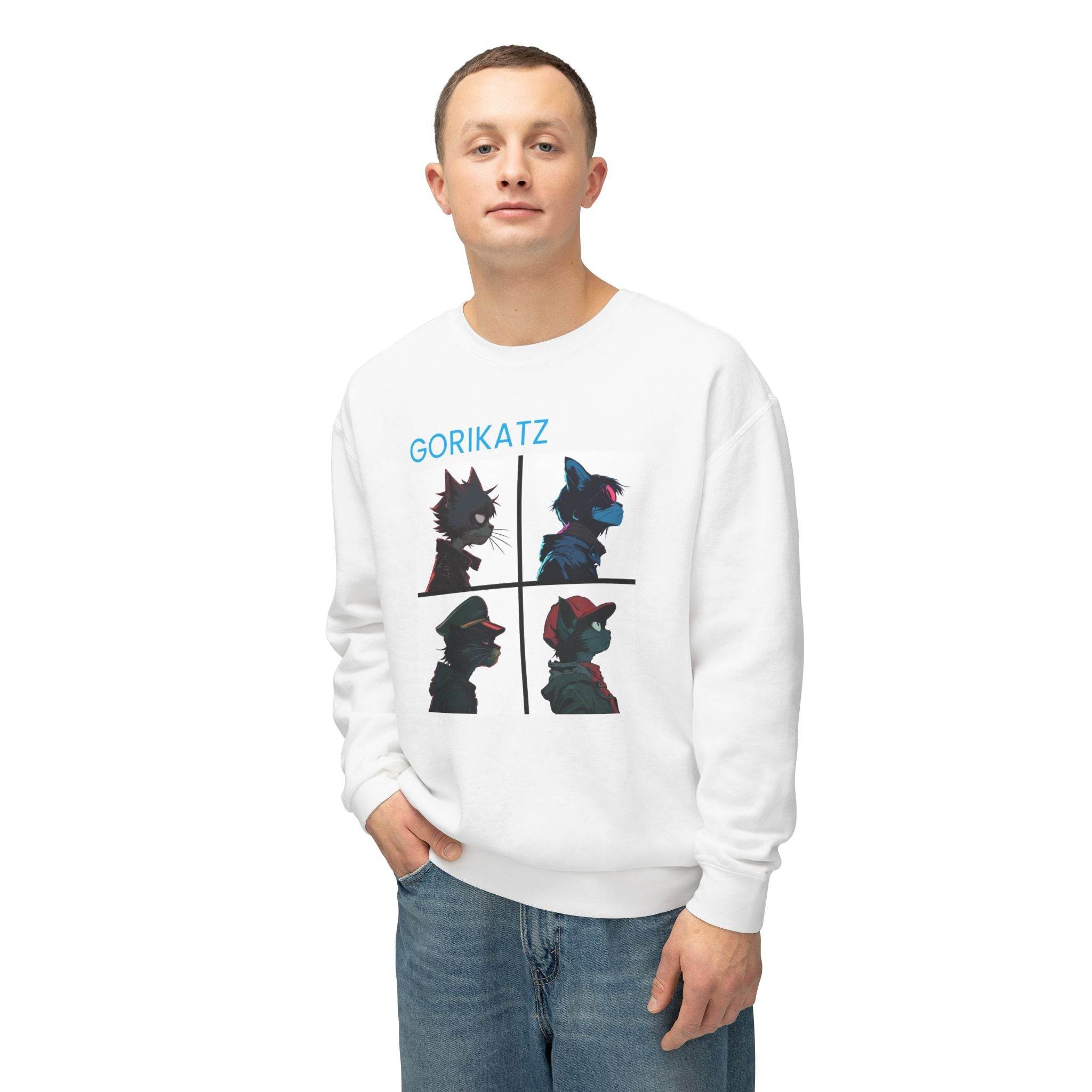 Printify unisex eco-friendly sweatshirt with graphic cat design worn by male model