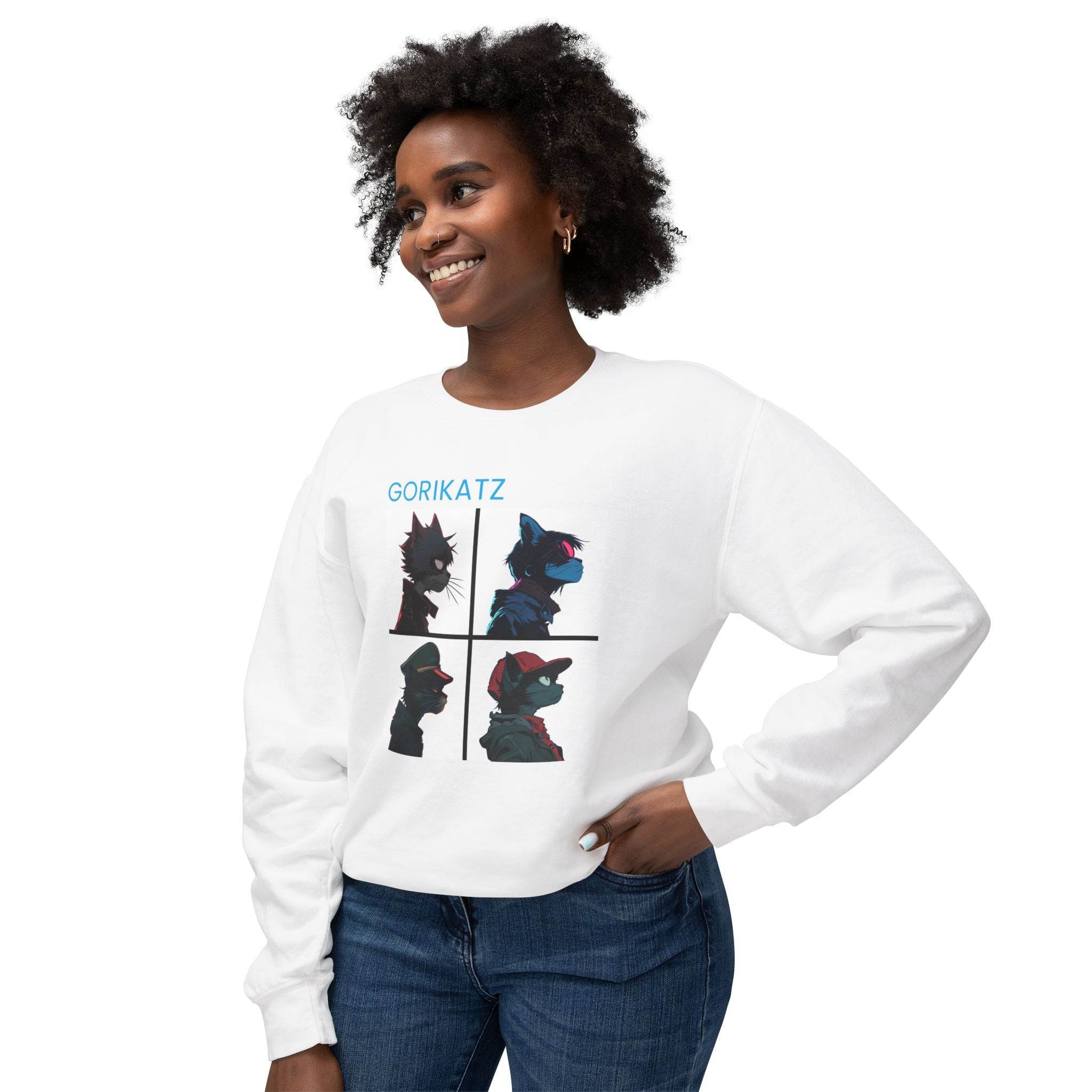 Printify unisex eco-friendly sweatshirt white with Gorikatz graphic worn by smiling woman