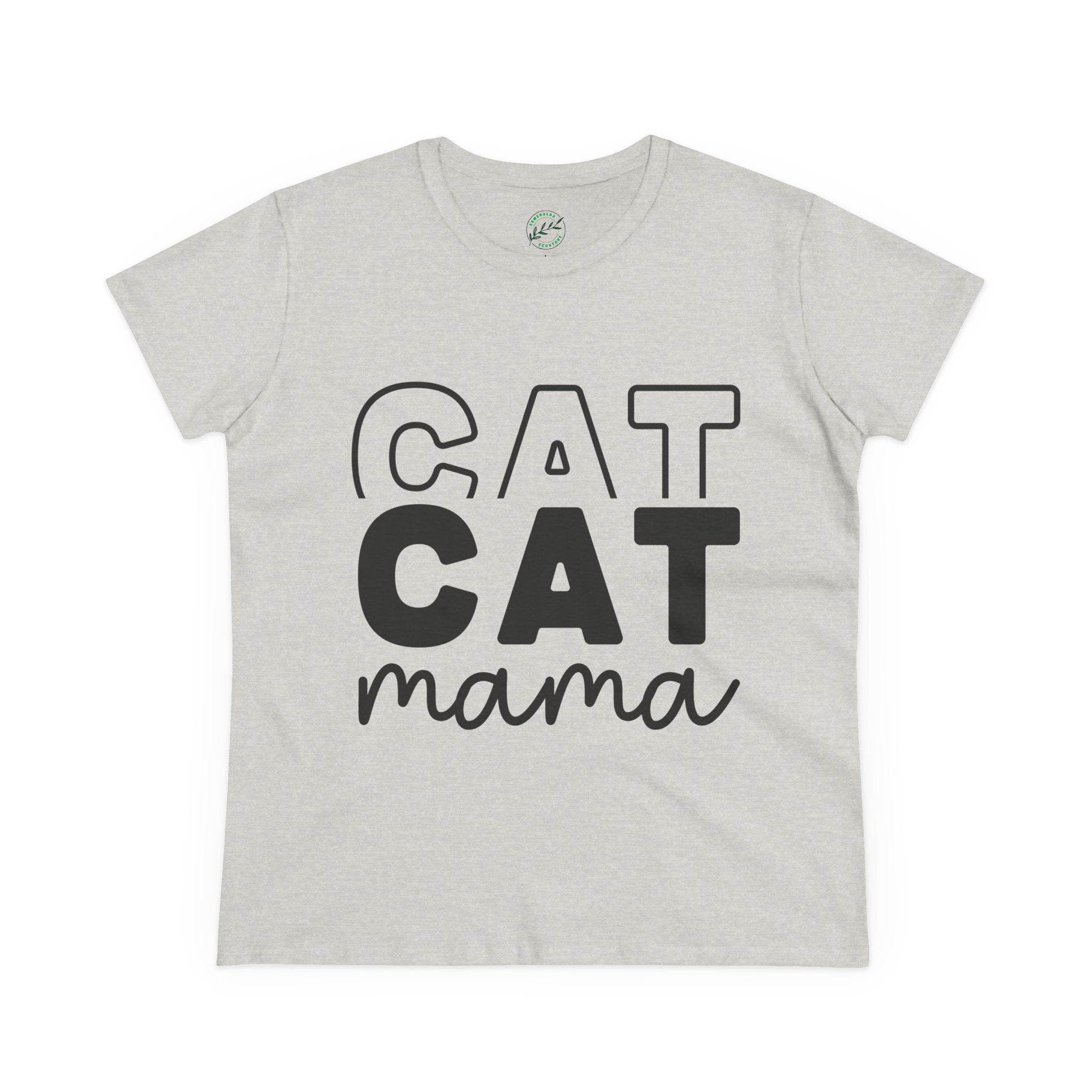 Printify light heather gray eco-friendly cat mom shirt with bold black CAT CAT mama print crewneck tee