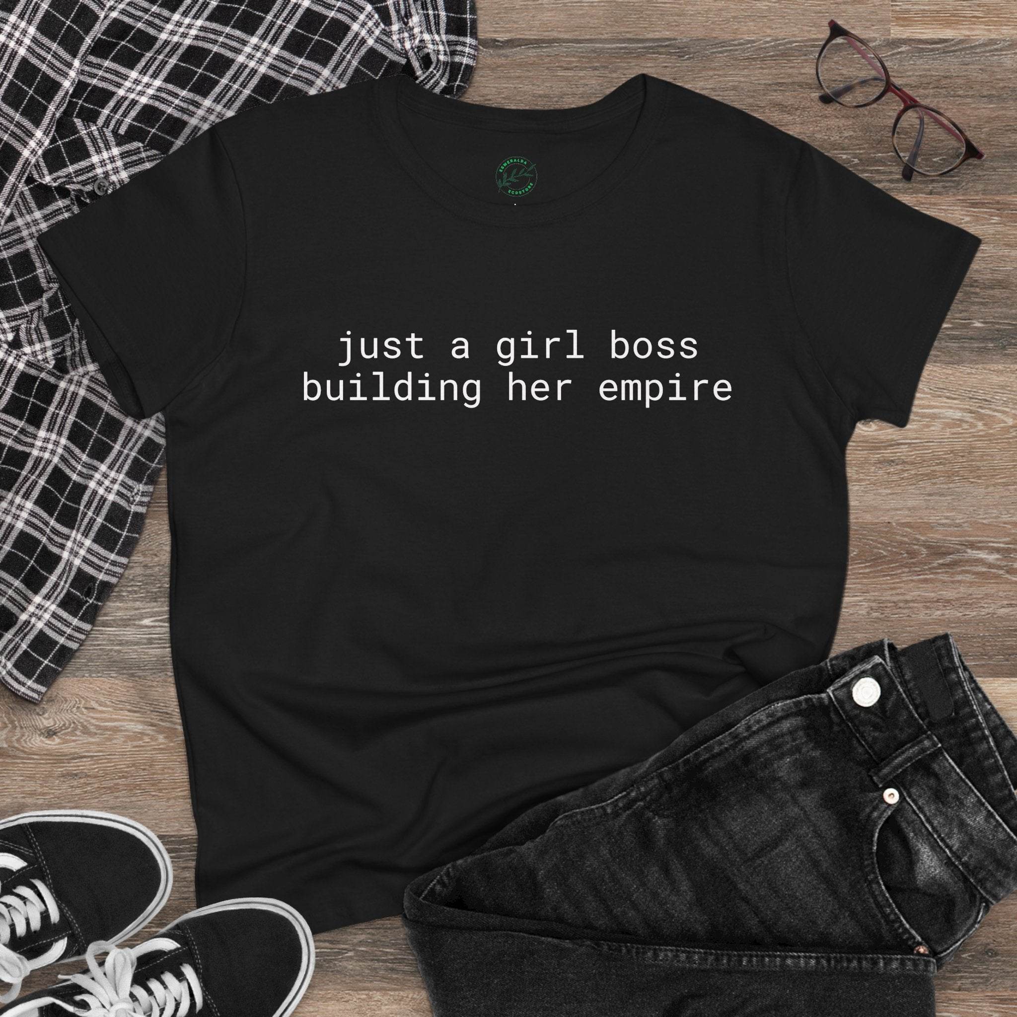 Printify eco-friendly girl boss shirt black tee with white text just a girl boss building her empire flat lay