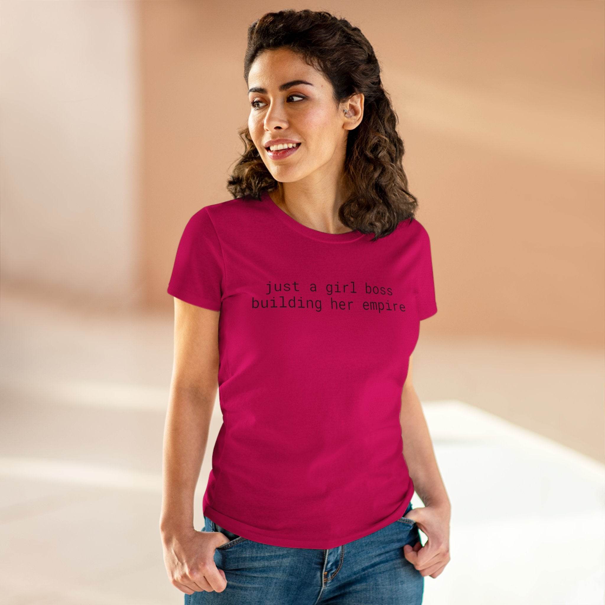 Printify eco-friendly girl boss shirt magenta womens tee with slogan just a girl boss building her empire