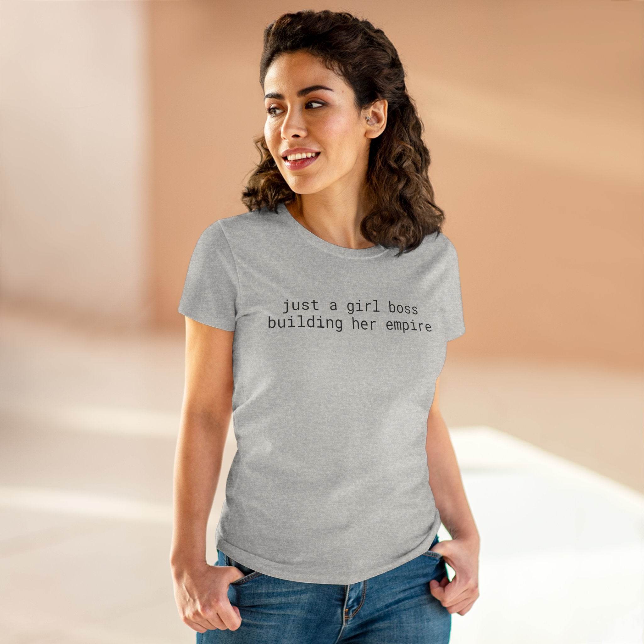 Printify eco-friendly girl boss shirt gray crewneck tee on smiling woman with slogan just a girl boss building her empire