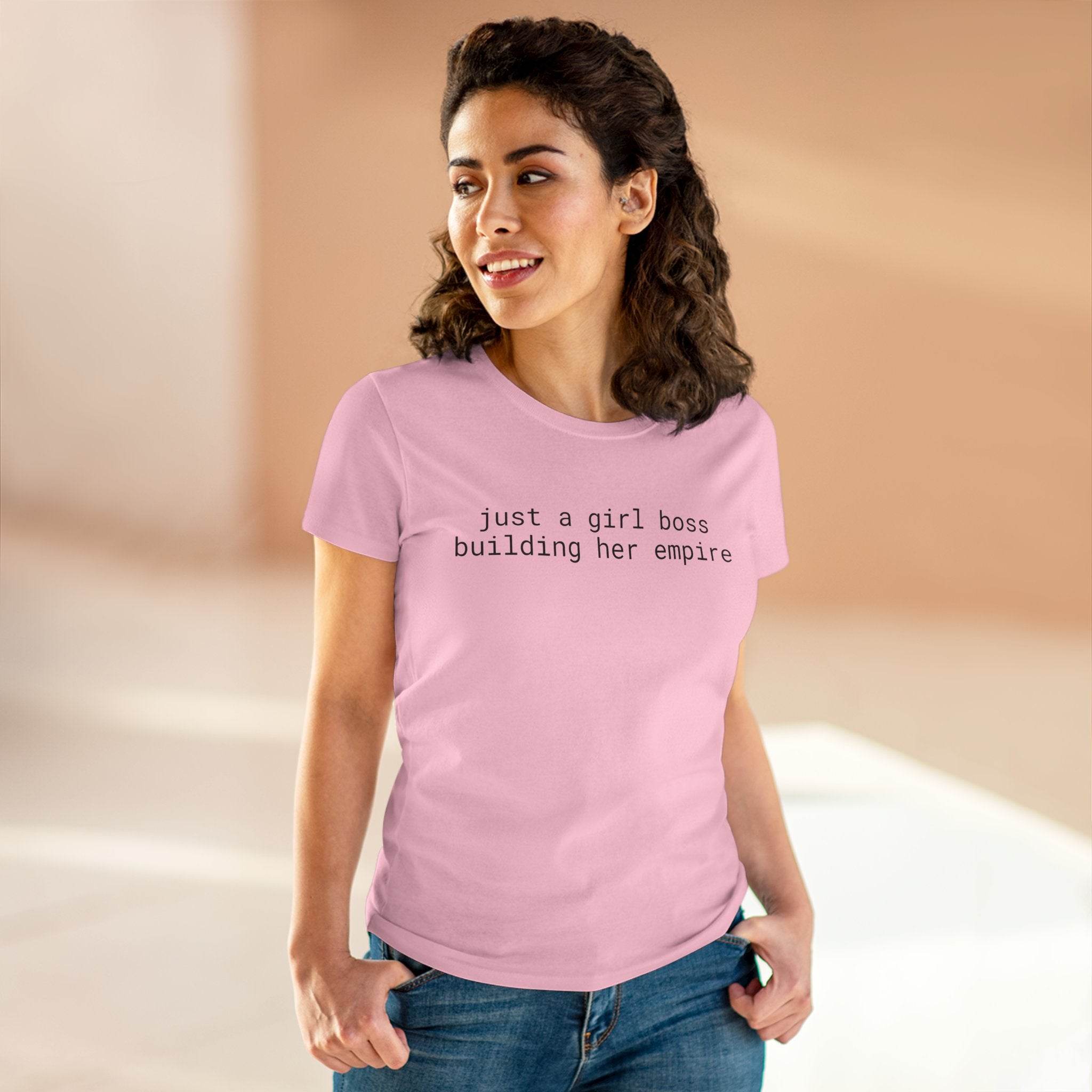 Printify eco-friendly girl boss shirt pink tee on smiling woman with text just a girl boss building her empire