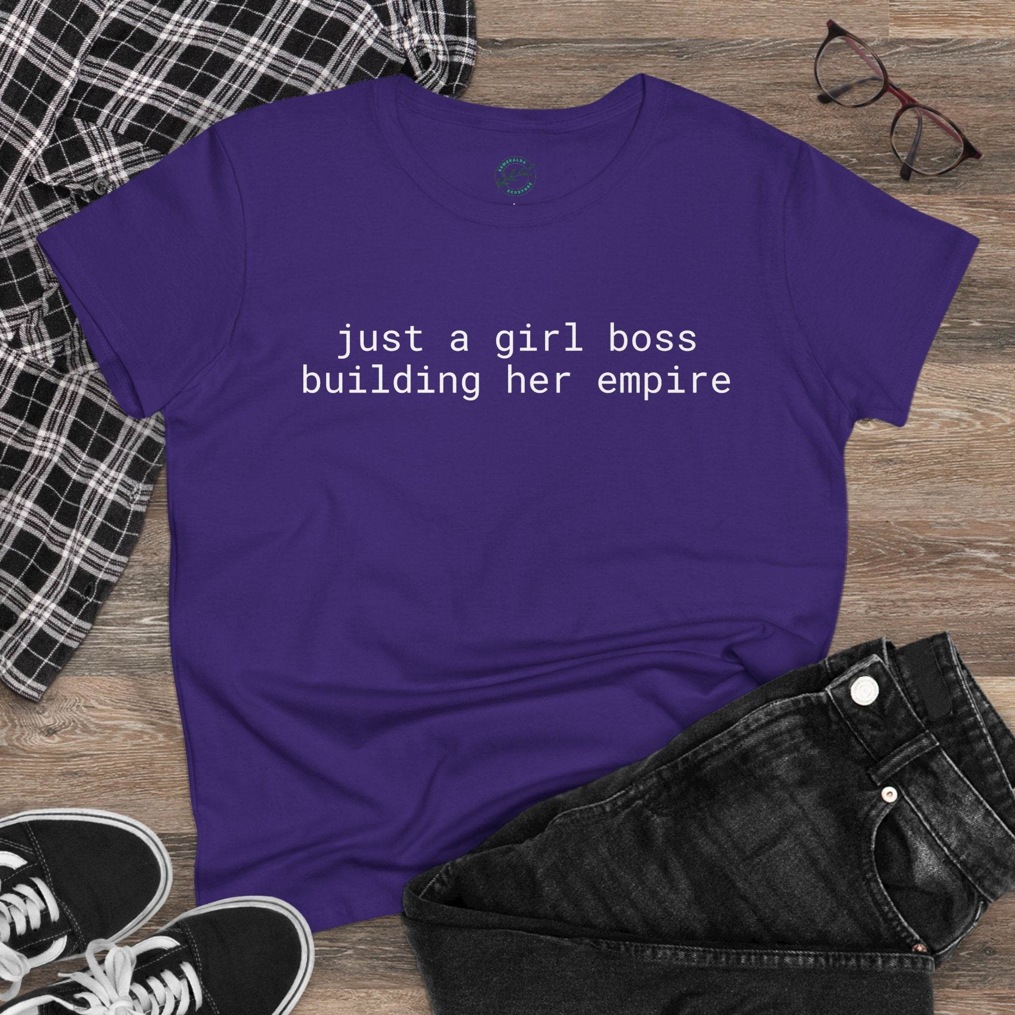 Printify eco-friendly girl boss shirt purple tee with white text just a girl boss building her empire flat lay