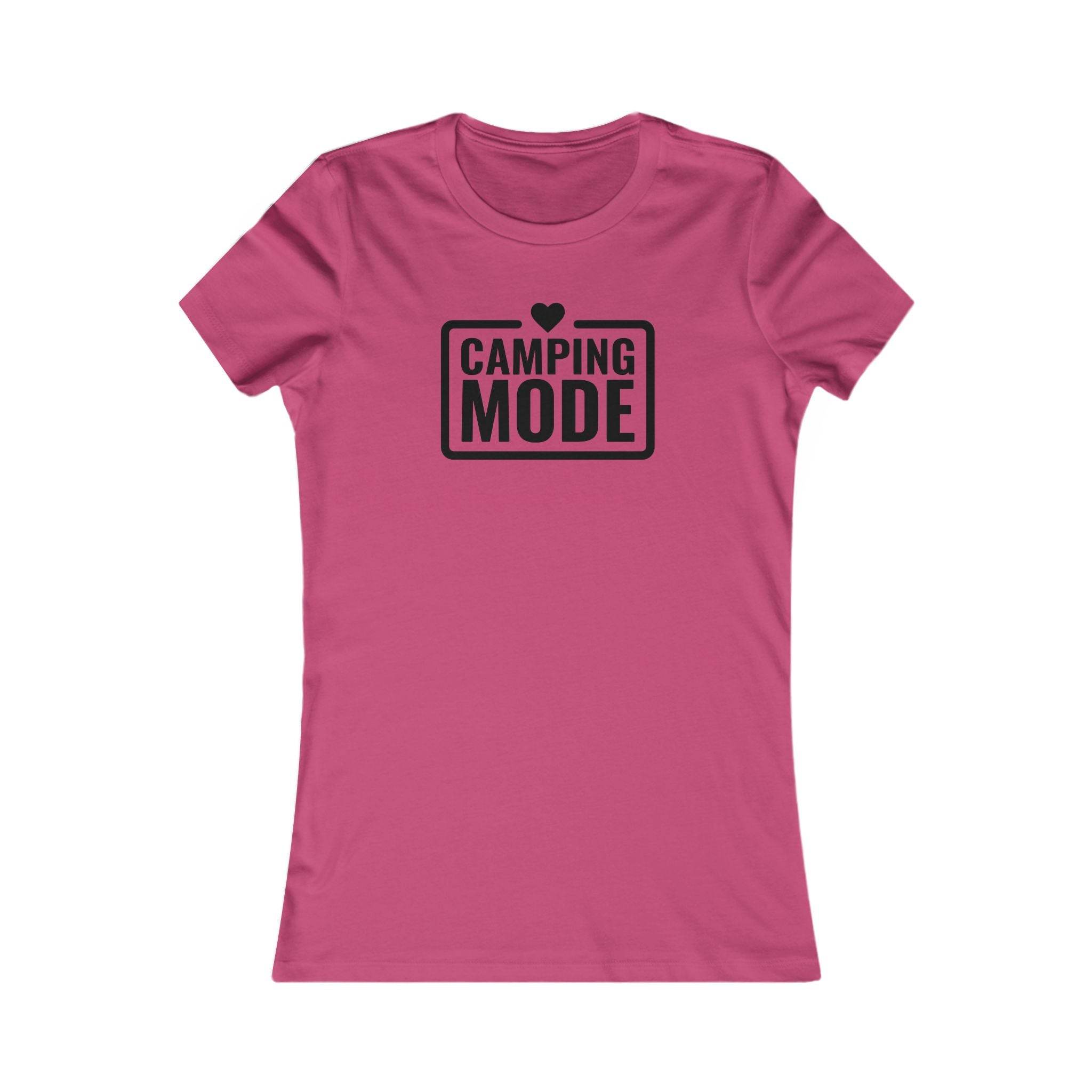 Printify pink fitted short sleeve tee with Camping Mode heart graphic eco-friendly camping t-shirt for women