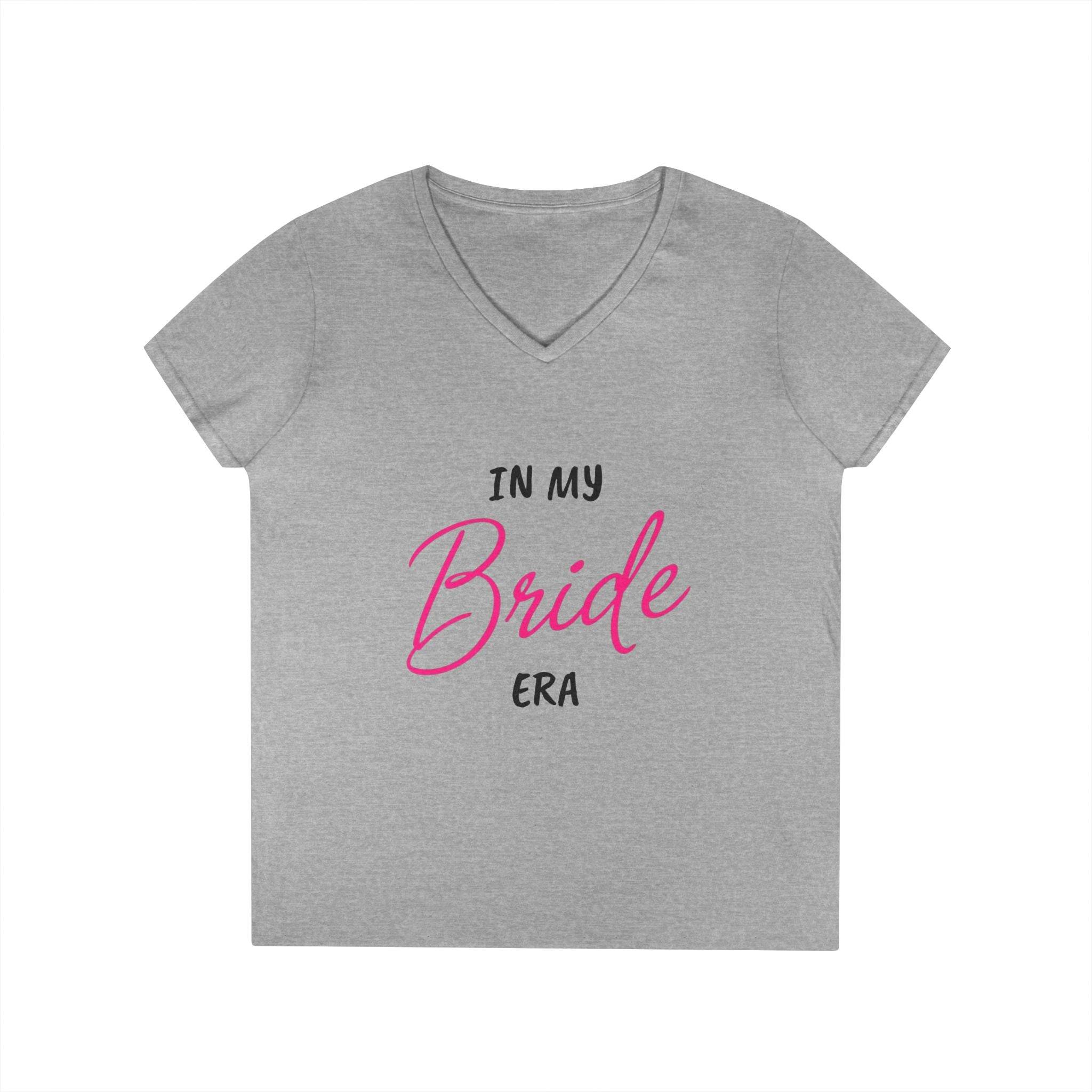 Printify grey v neck t shirt with pink script reading In my Bride era casual bridal tee eco-friendly bride t-shirt