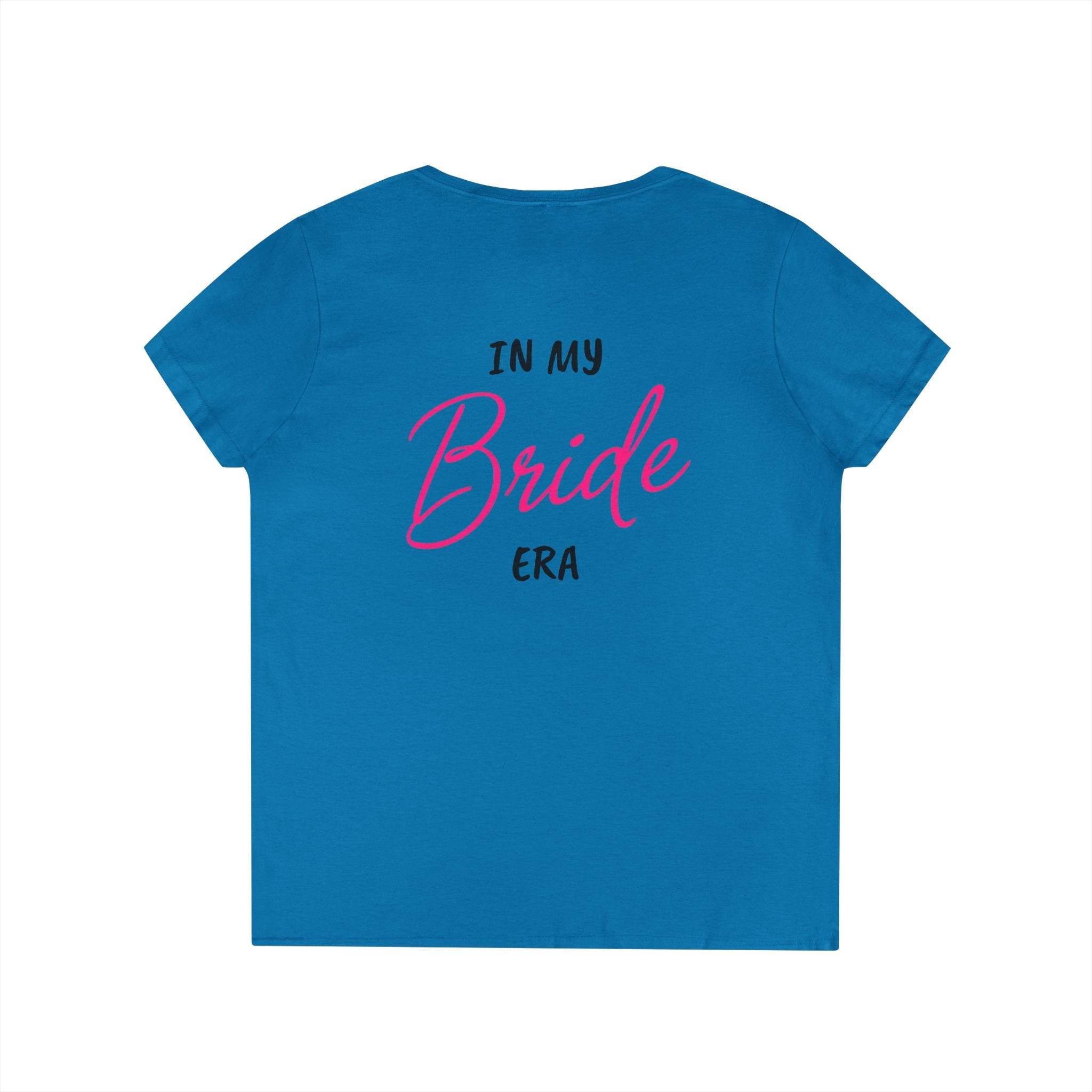 Blue women's short sleeve t-shirt back view with pink script reading In My Bride Era, eco-friendly bride t-shirt