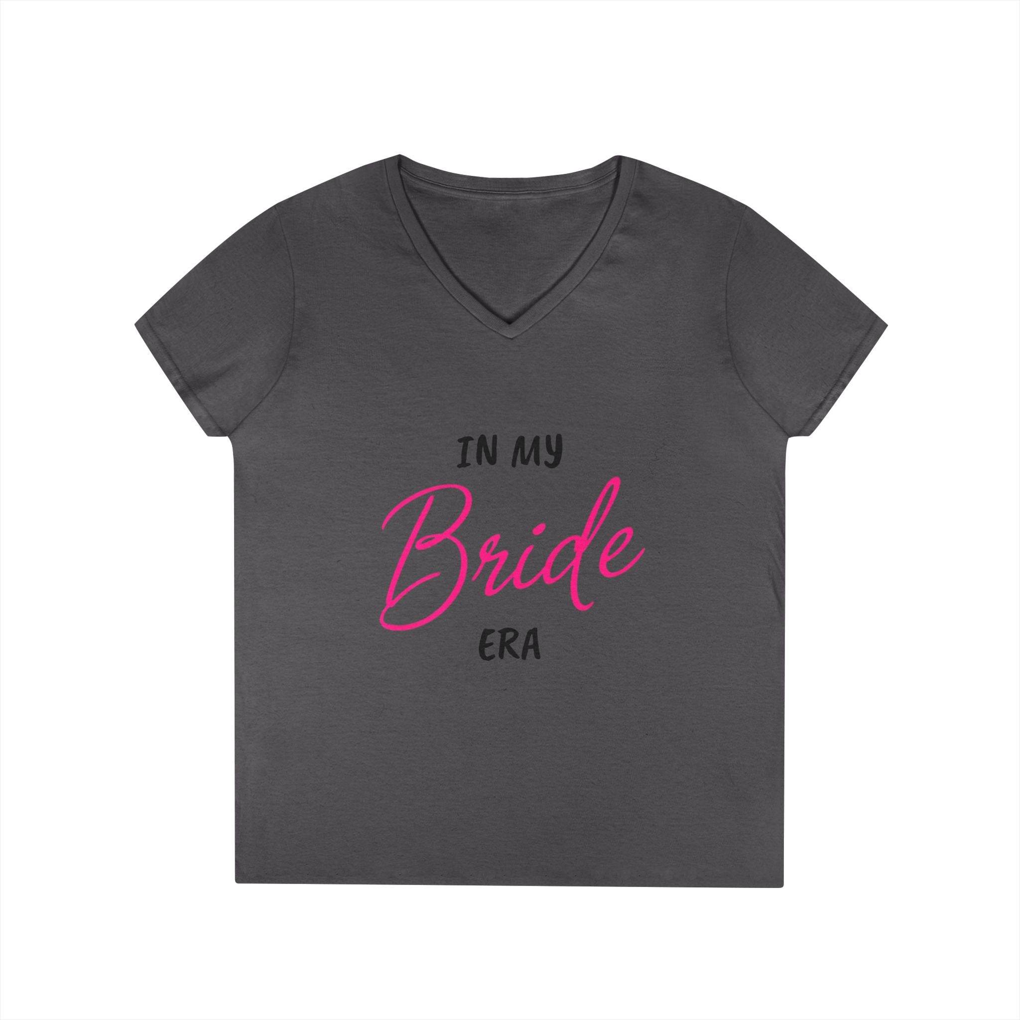 Printify dark gray V neck women's tee with pink Bride script reading In my Bride era eco-friendly bride t-shirt