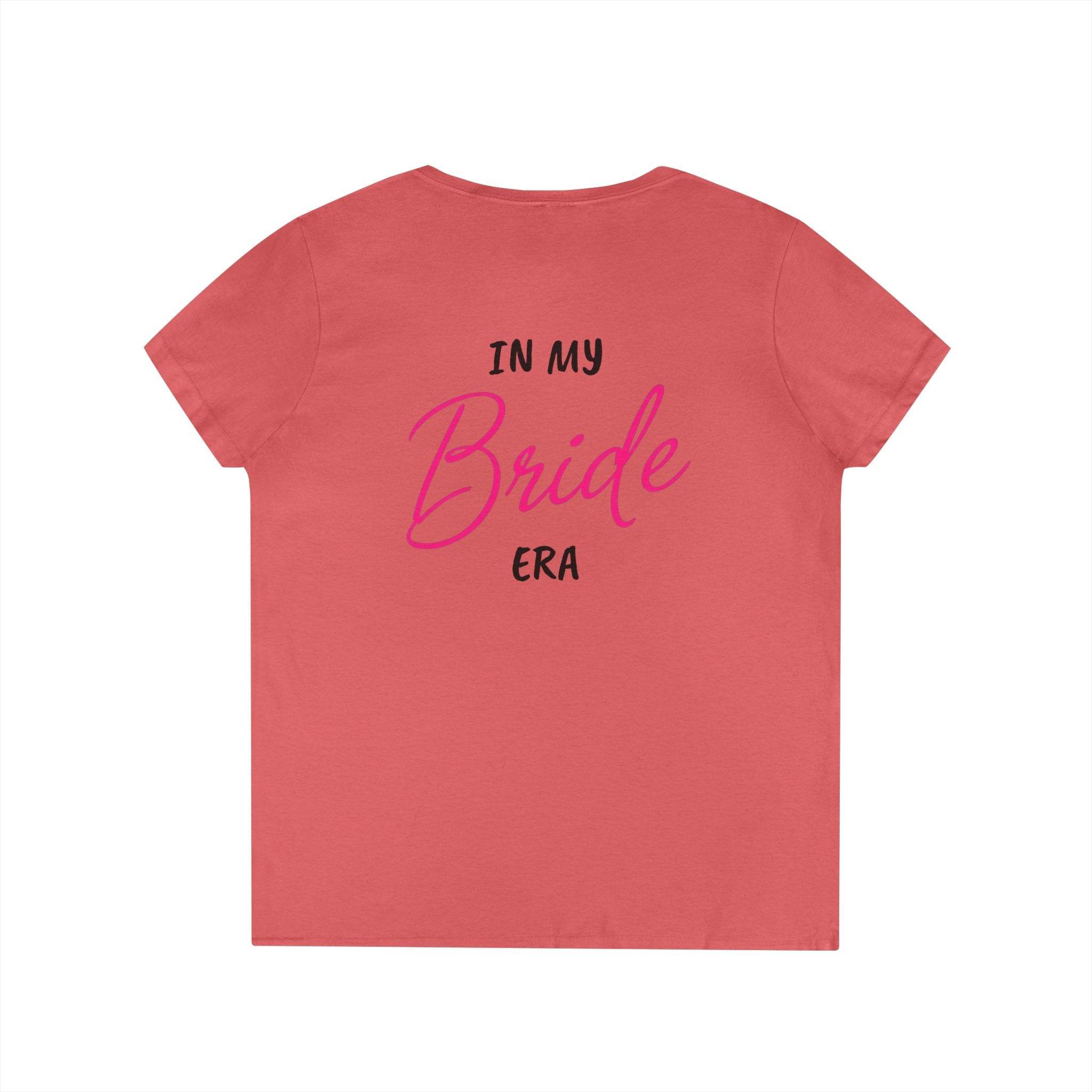 Printify coral pink back view eco-friendly bride t-shirt with In My Bride Era script design for bachelorette events