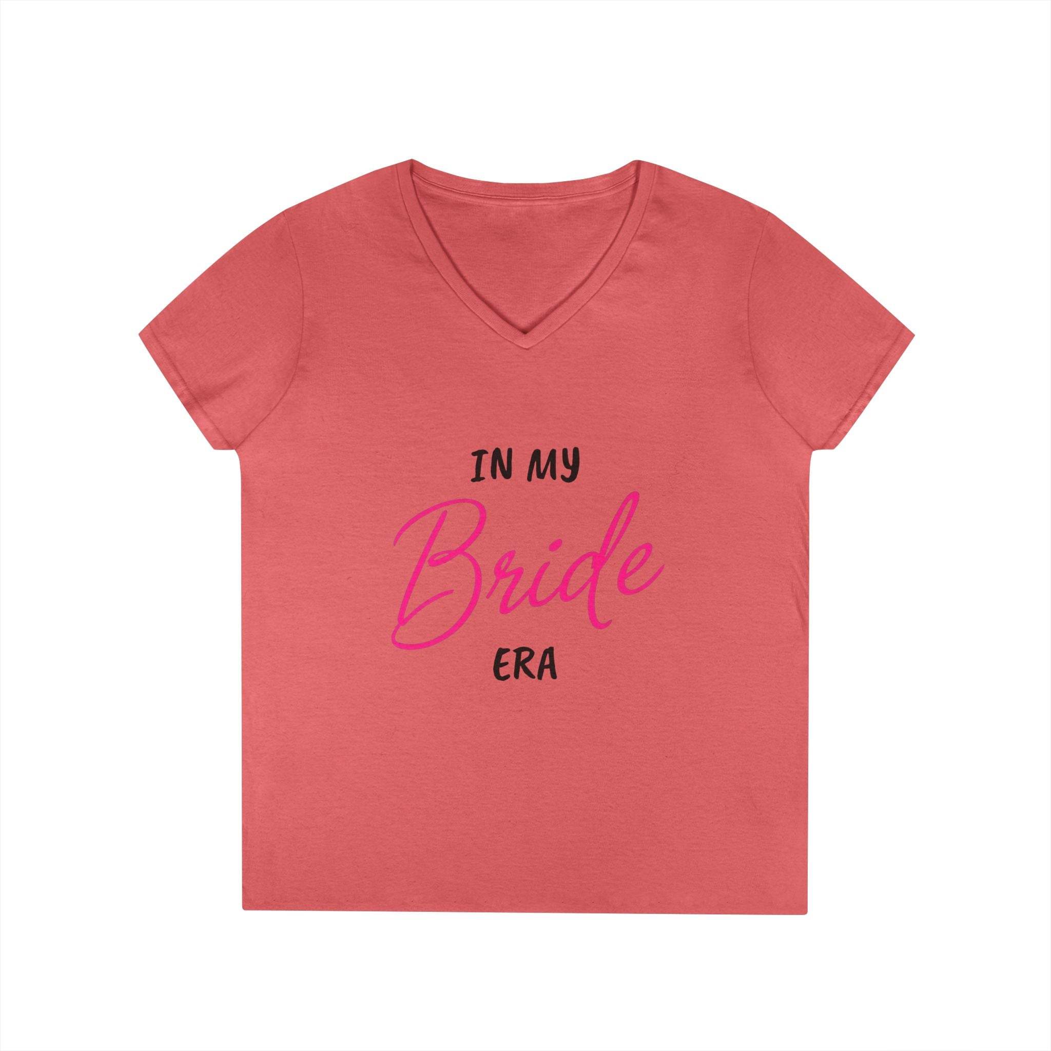 Printify coral v neck womens tee with In my Bride Era print ideal eco-friendly bride t-shirt for bachelorette parties