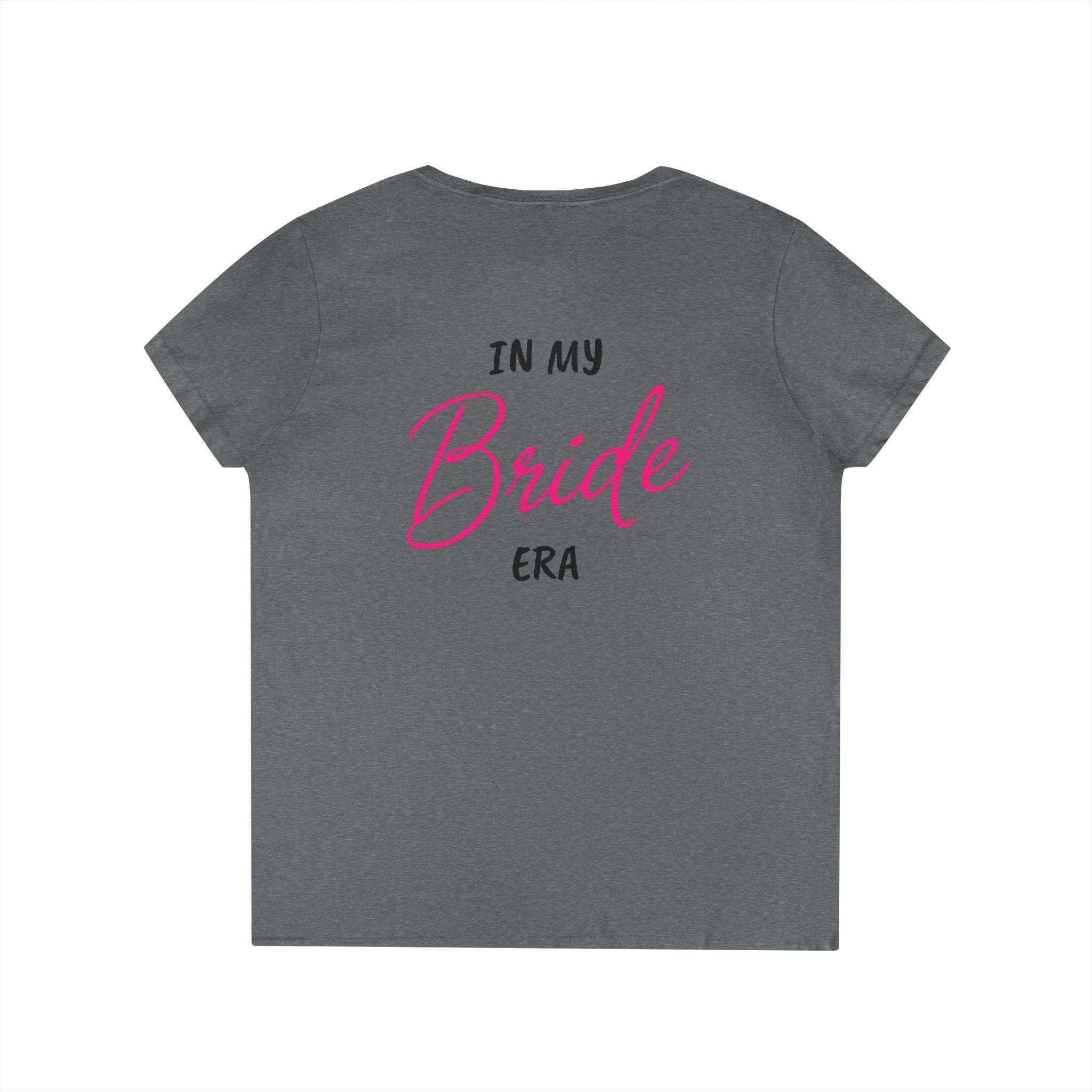 Printify gray women tee back view with pink Bride script and IN MY ERA text eco-friendly bride t-shirt