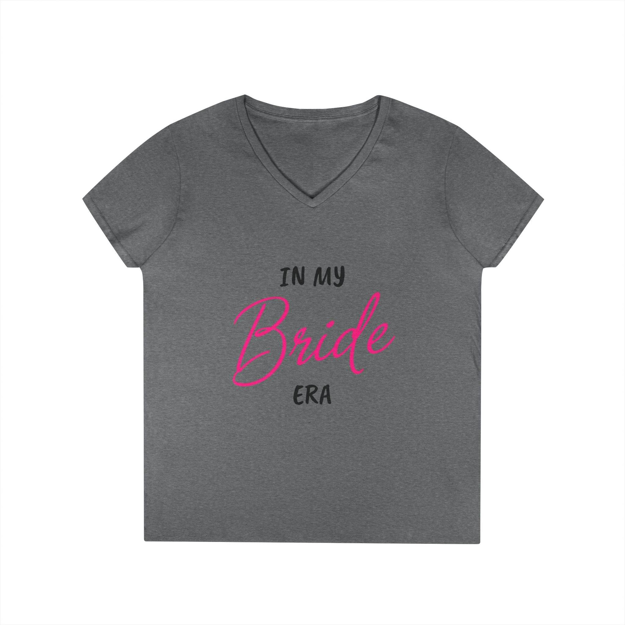 Printify gray v neck women tee with pink Bride script reading In my Bride era eco-friendly bride t-shirt for bachelorette