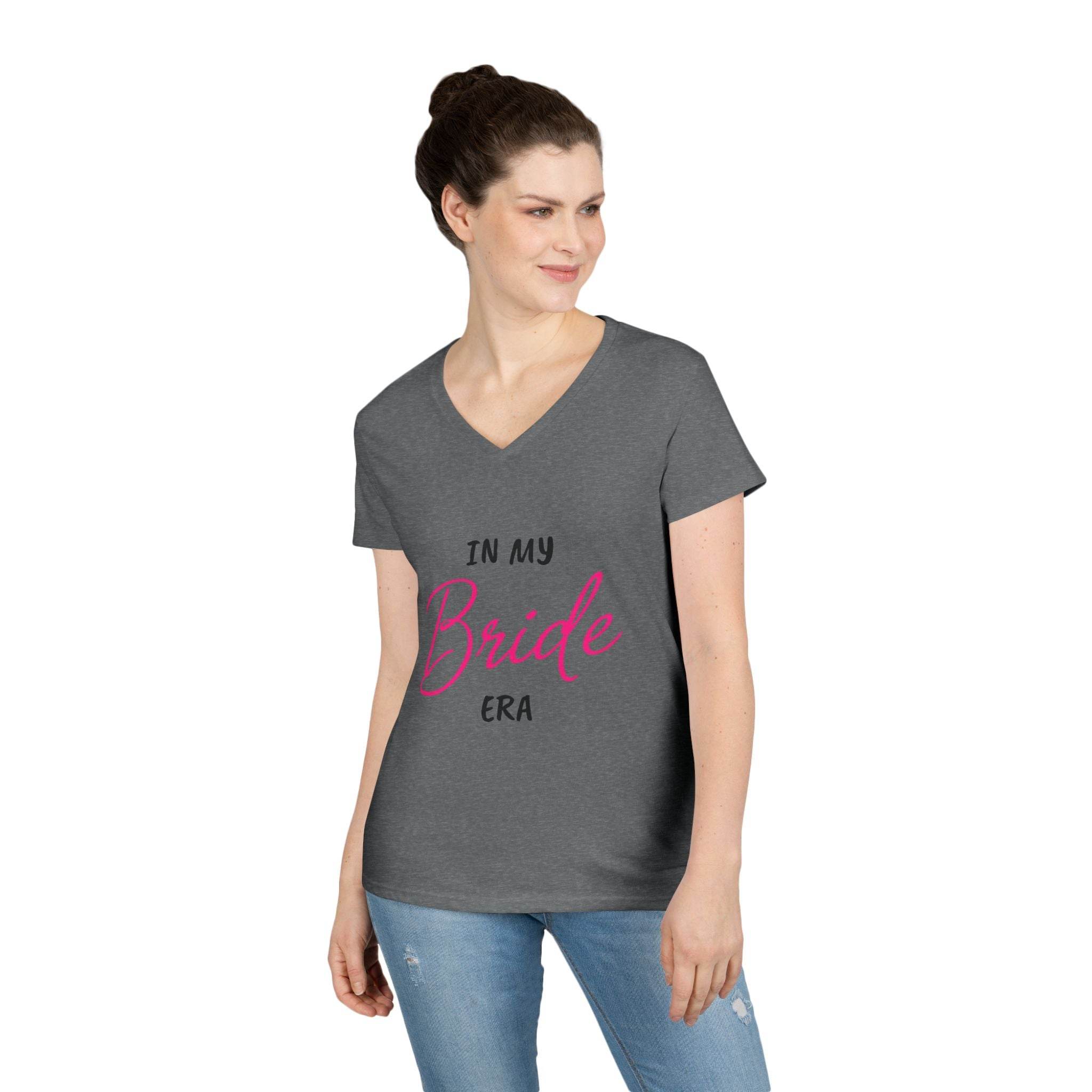 Printify eco-friendly bride t-shirt charcoal v neck womens tee with pink Bride script worn by smiling model