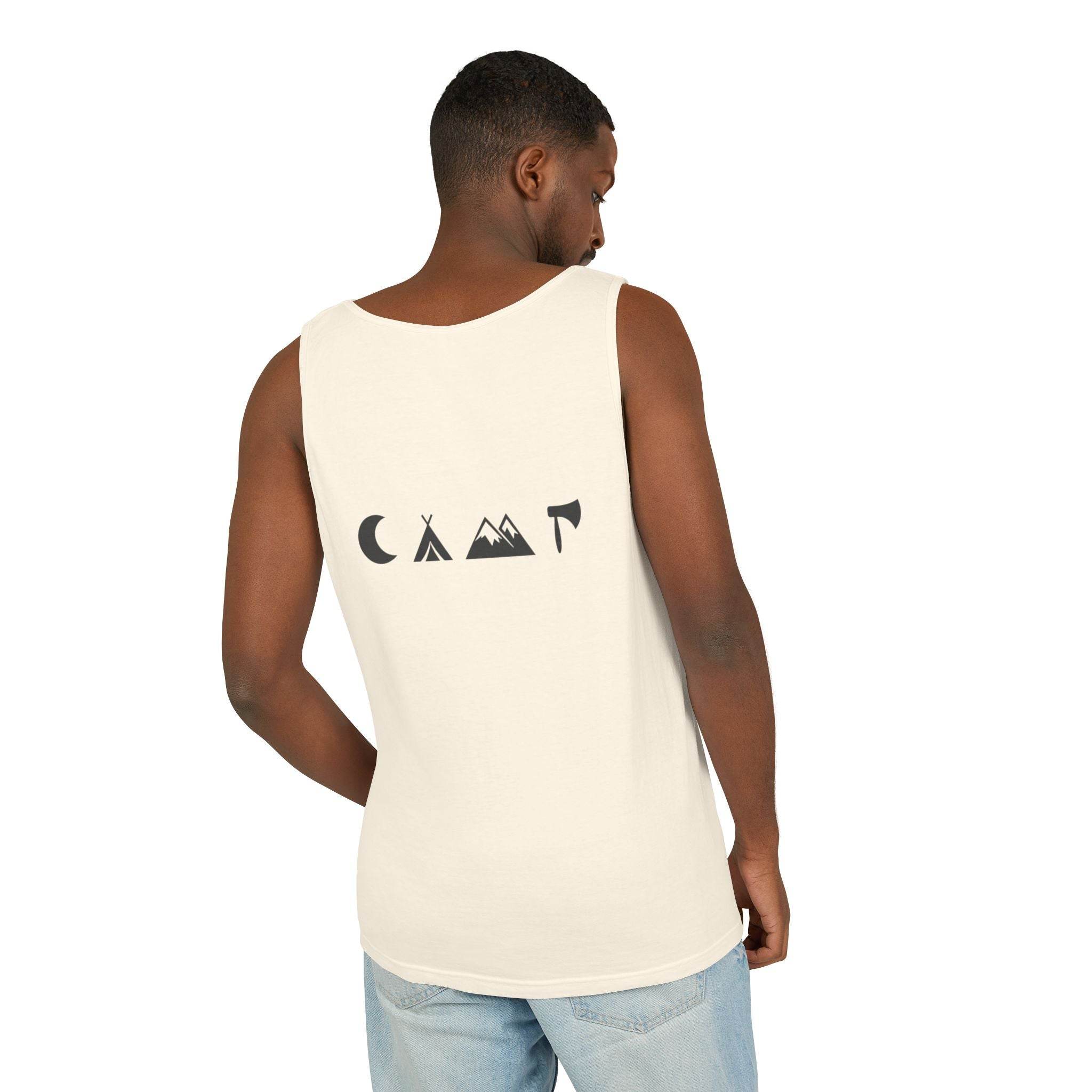 Printify eco-friendly unisex tank top cream back view with minimalist camping icons modeled by man