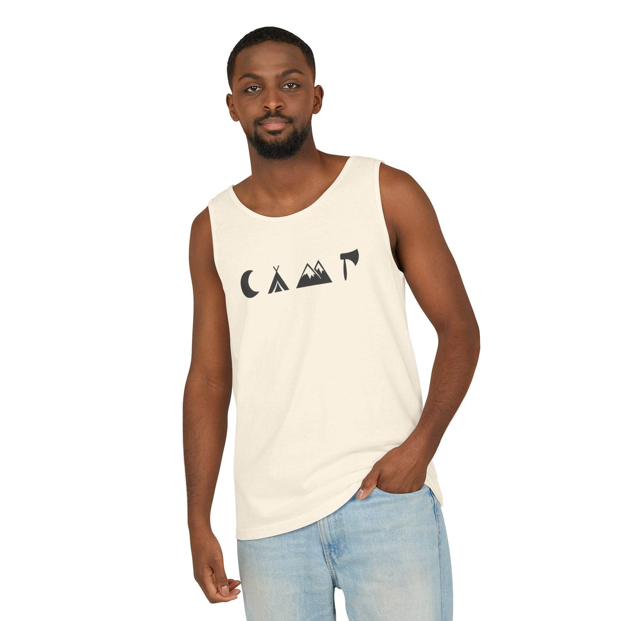 Male model wearing Printify eco-friendly unisex tank top cream with black camp icons and light wash jeans