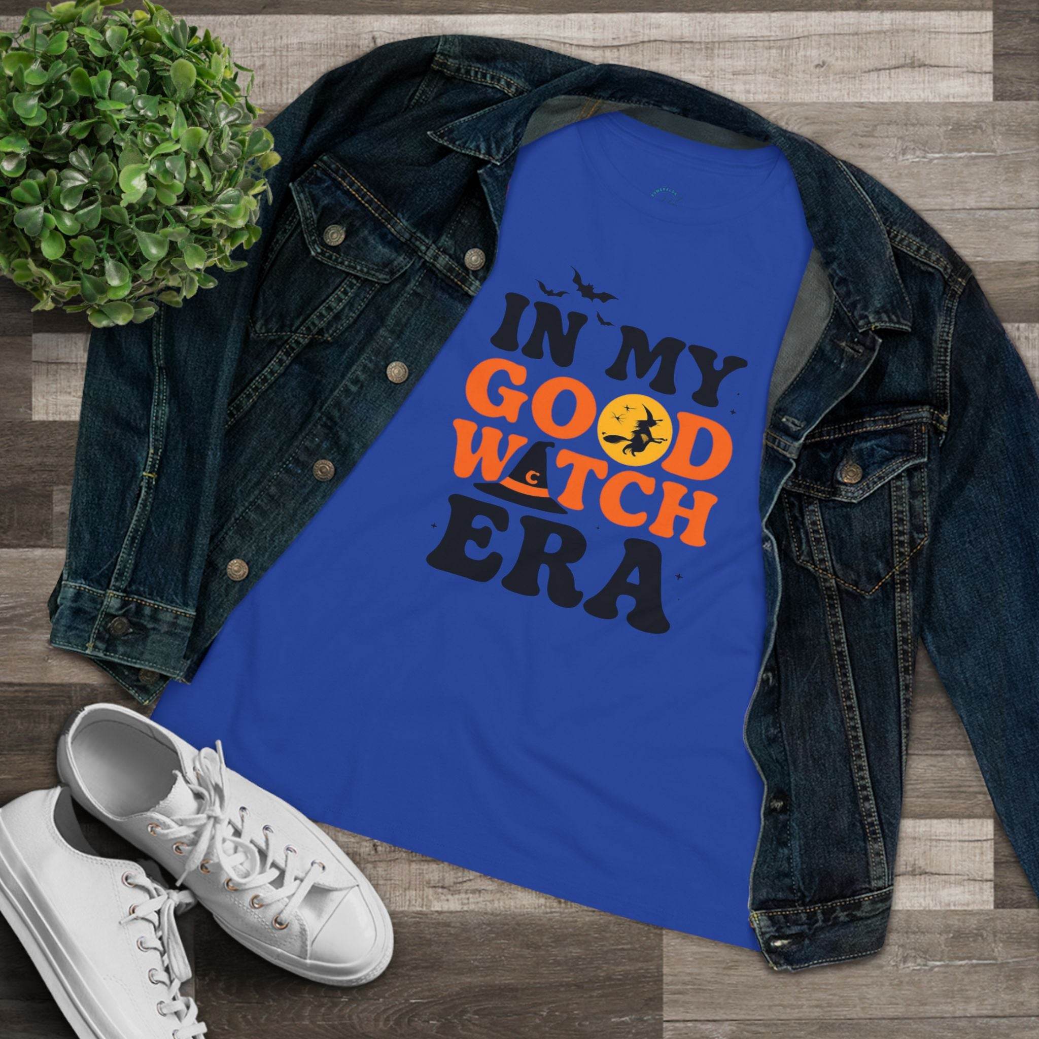 Blue womens t shirt with In My Good Witch Era design with denim jacket and sneakers eco friendly halloween t shirt women