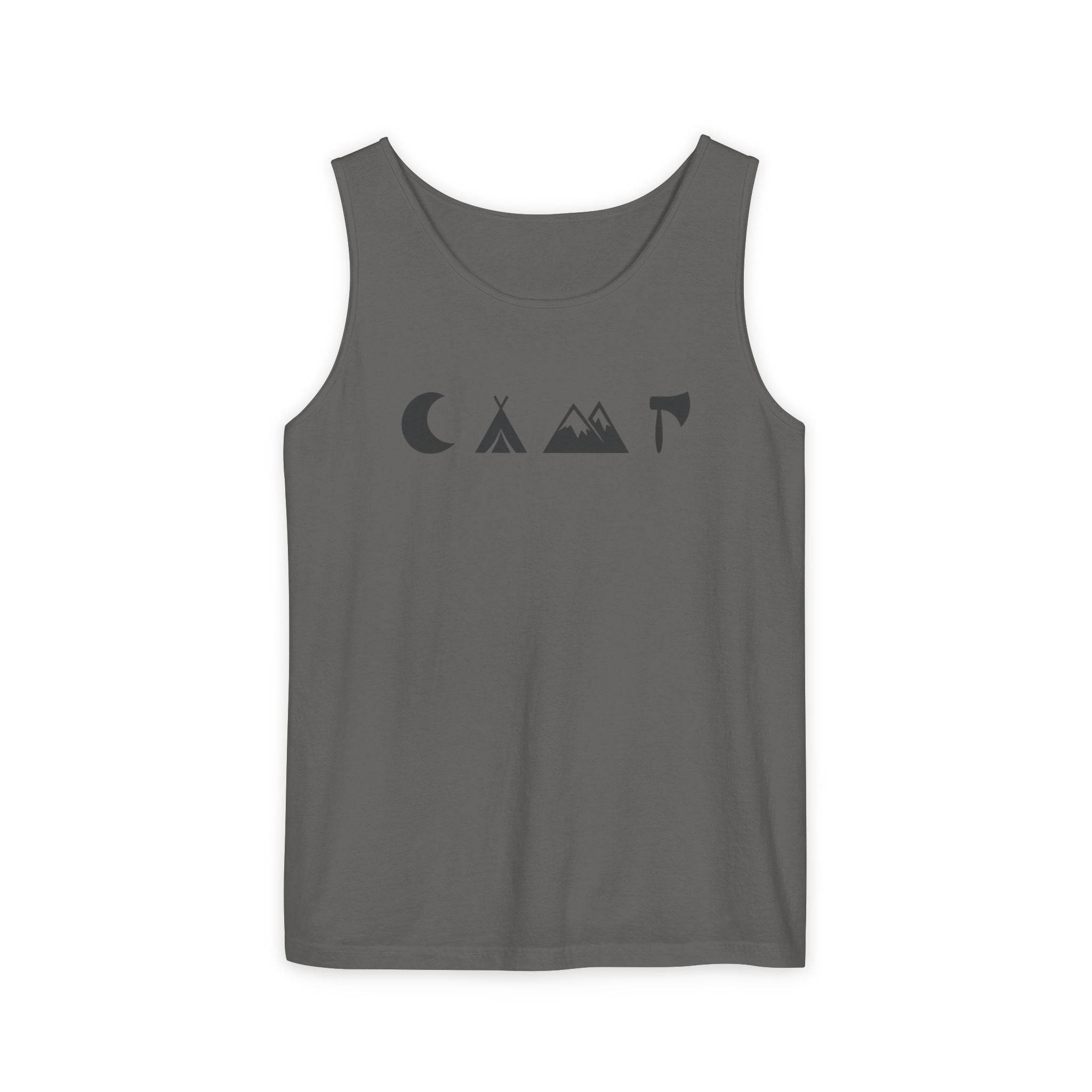 Printify charcoal gray eco-friendly unisex tank top with minimalist moon tent mountain and axe camping icons across chest