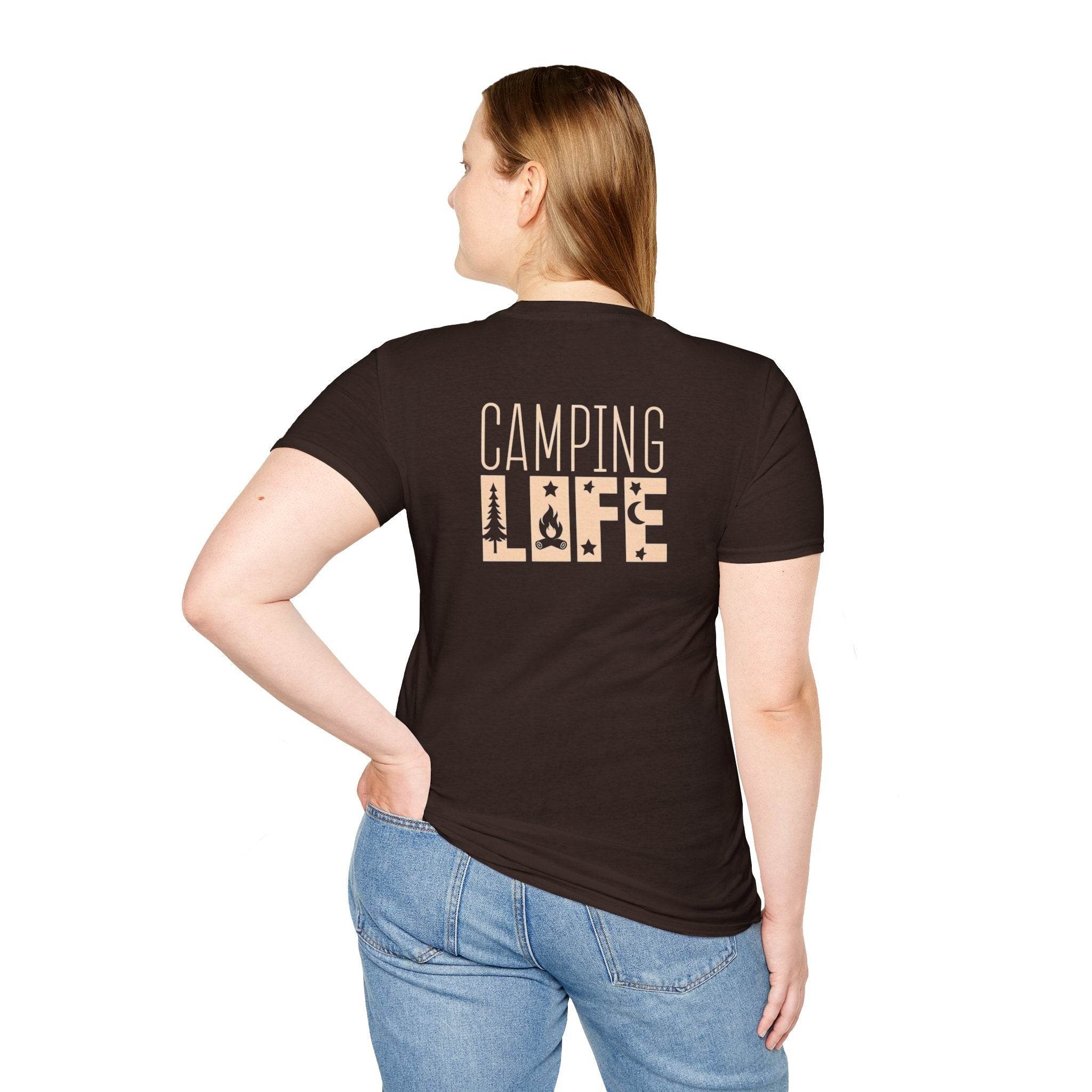 Printify eco-friendly camping t-shirt black womens back view with CAMPING LIFE graphic and icons