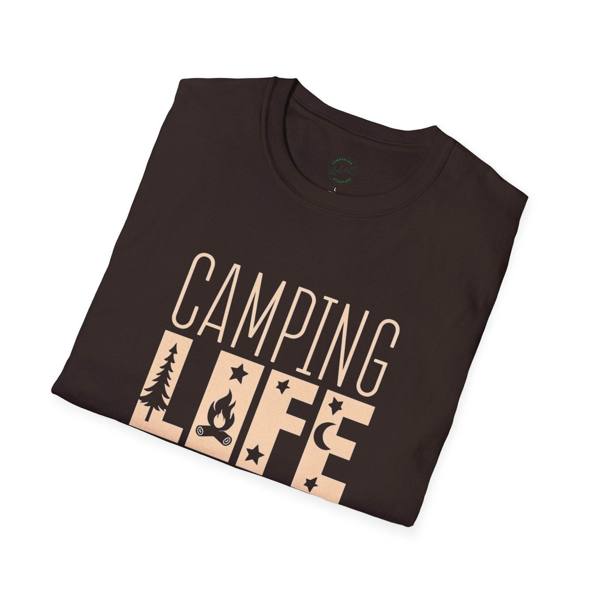 eco-friendly camping t-shirt Printify brown folded tee with beige Camping Life print showing campfire tree and stars