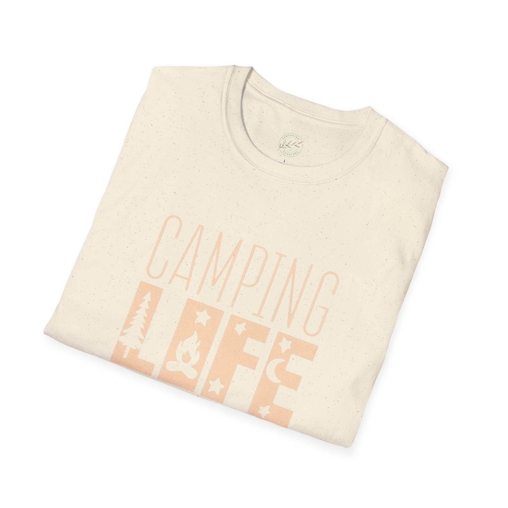 Printify eco-friendly camping t-shirt folded cream speckled fabric with peach CAMPING LIFE print showing trees stars and campfire