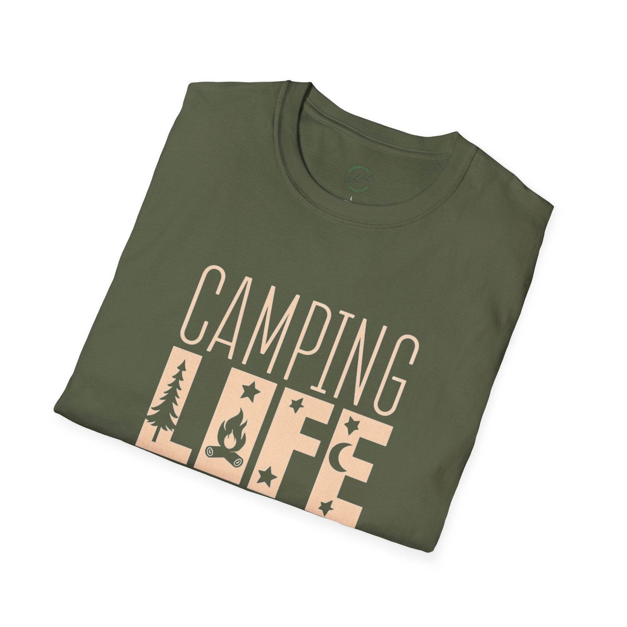 Printify olive green folded eco-friendly camping t-shirt with Camping Life graphic featuring trees campfire and stars