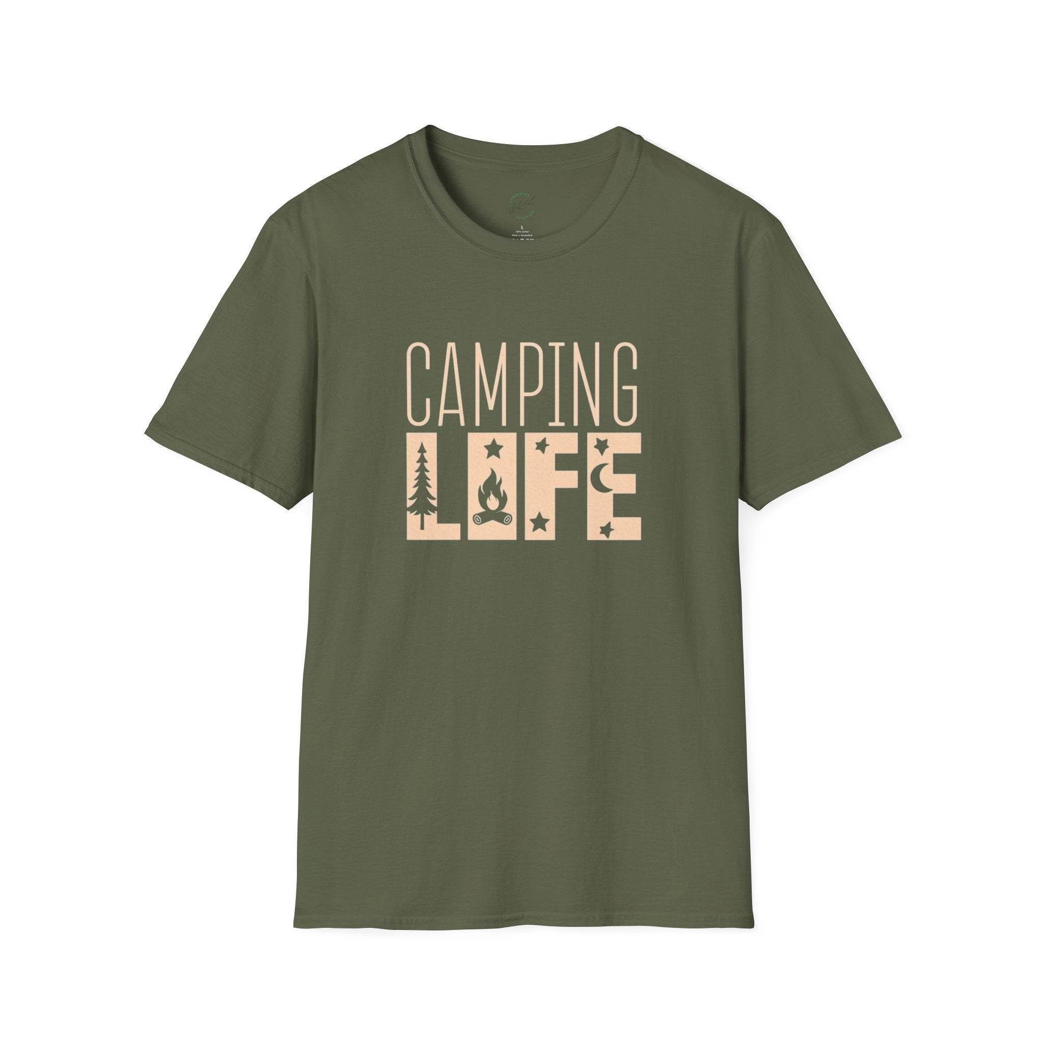 Printify olive green eco-friendly camping t-shirt with beige Camping Life graphic and campfire icon