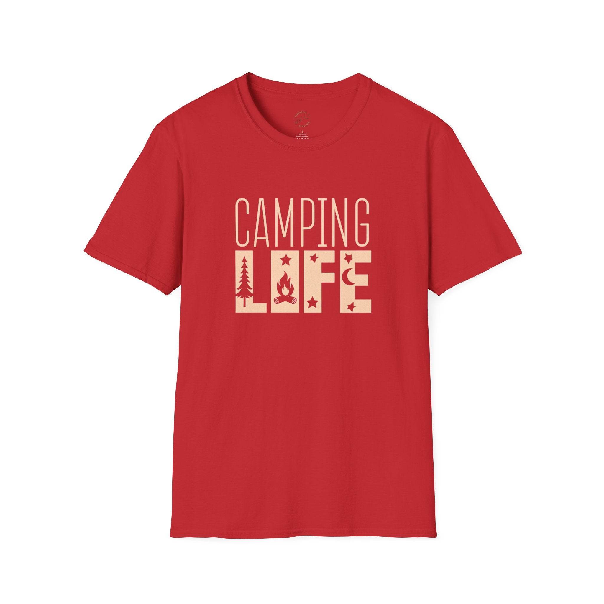 Printify red Camping Life graphic tee eco-friendly camping t-shirt short sleeve unisex outdoor shirt for campers