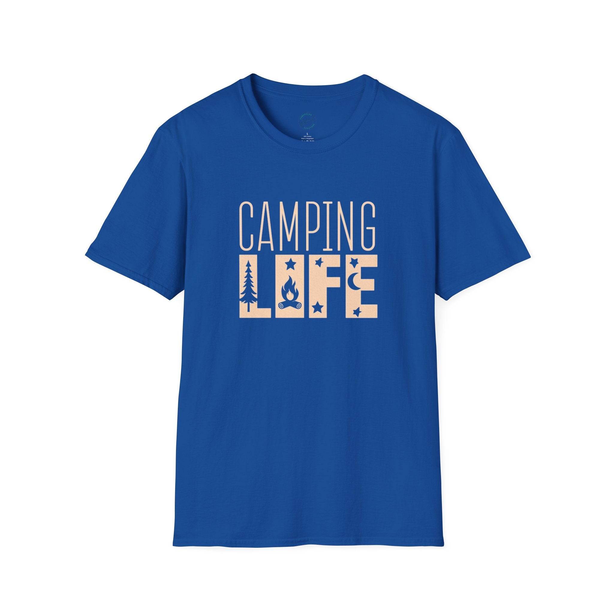 Printify blue eco-friendly camping t-shirt with beige Camping Life print showing tree campfire and stars