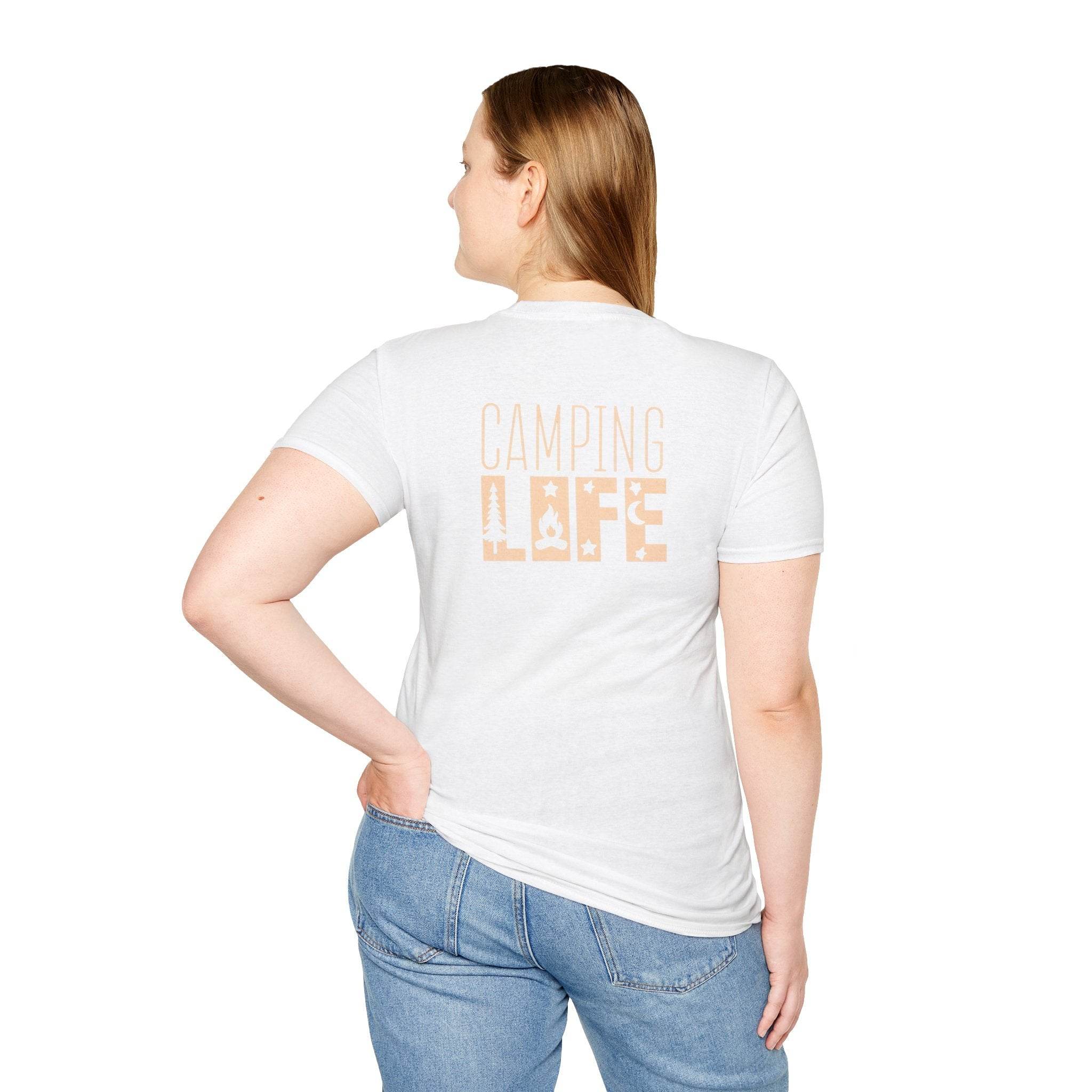 Back view of woman wearing Printify eco-friendly camping t-shirt in white with Camping Life peach graphic