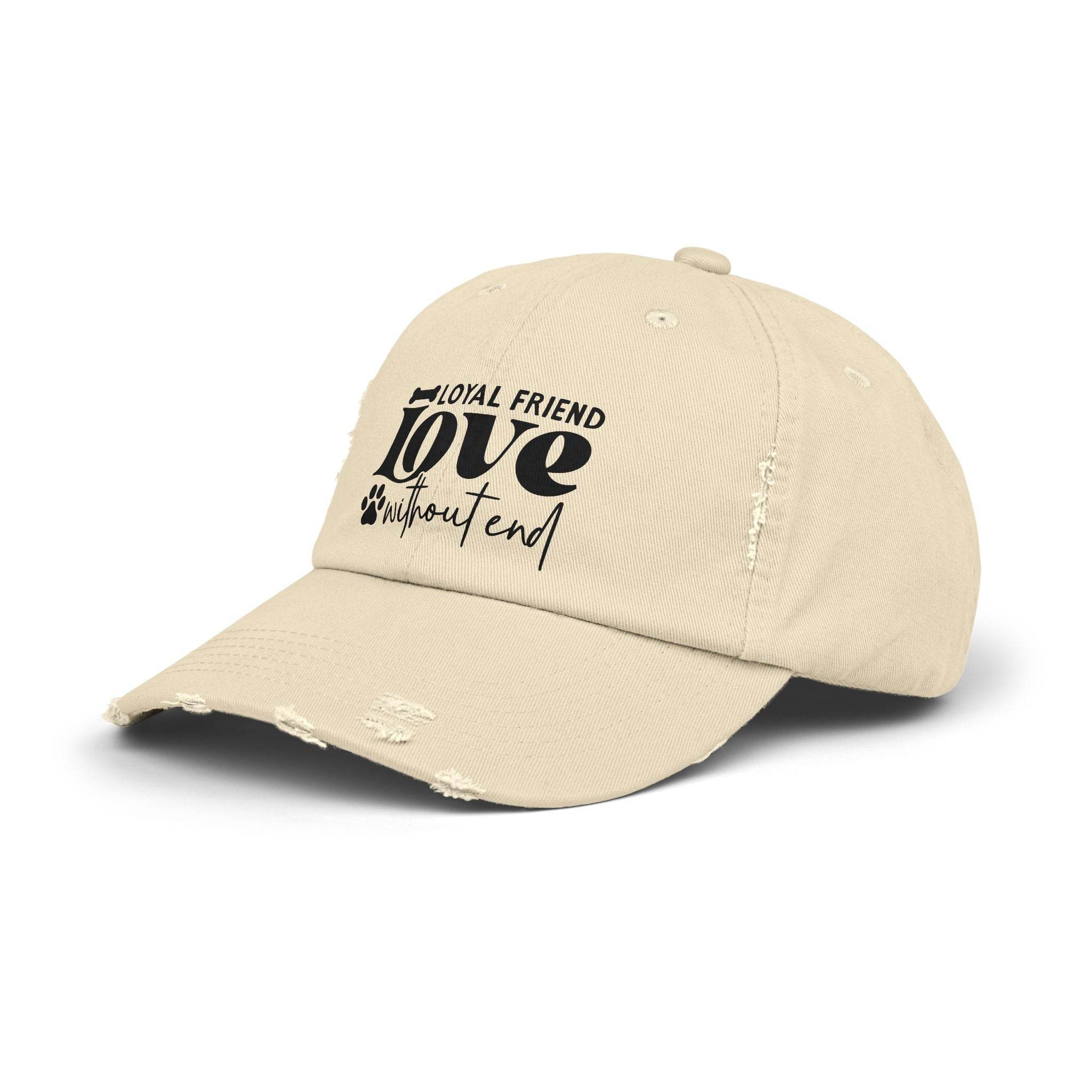 Printify beige distressed cap with paw print Loyal Friend love graphic eco-friendly pet lover hat for casual wear