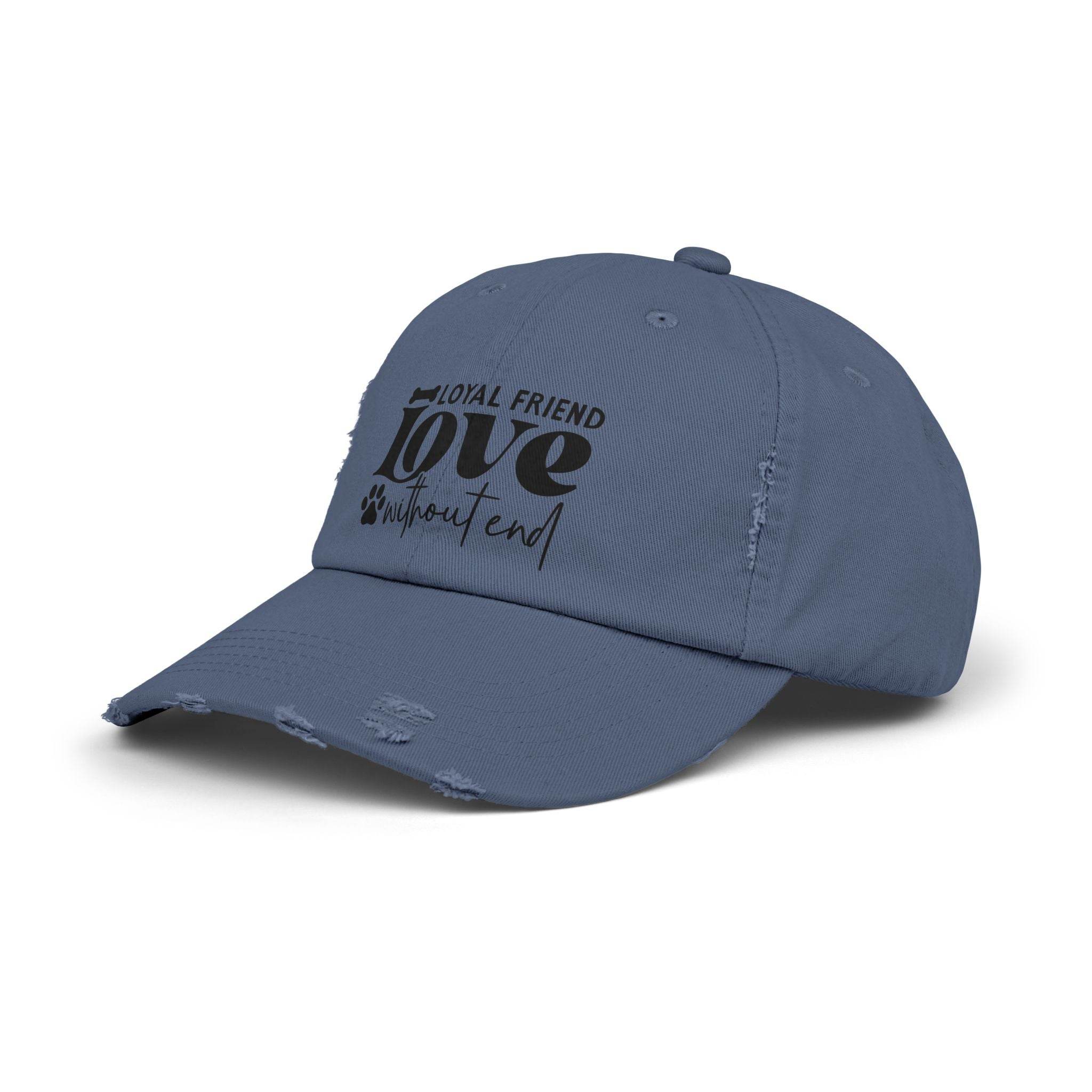 Printify distressed blue baseball cap with paw print Loyal Friend Love design eco-friendly pet lover hat