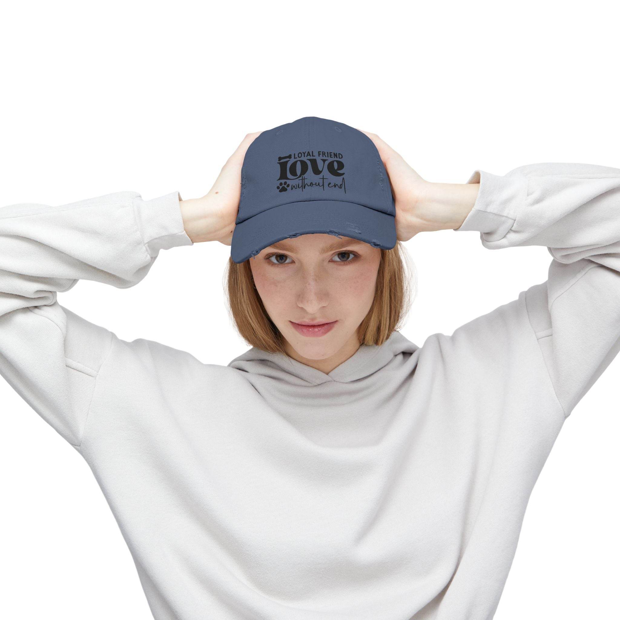 Printify navy baseball cap worn by woman with love pet design eco-friendly pet lover hat casual outdoor accessory