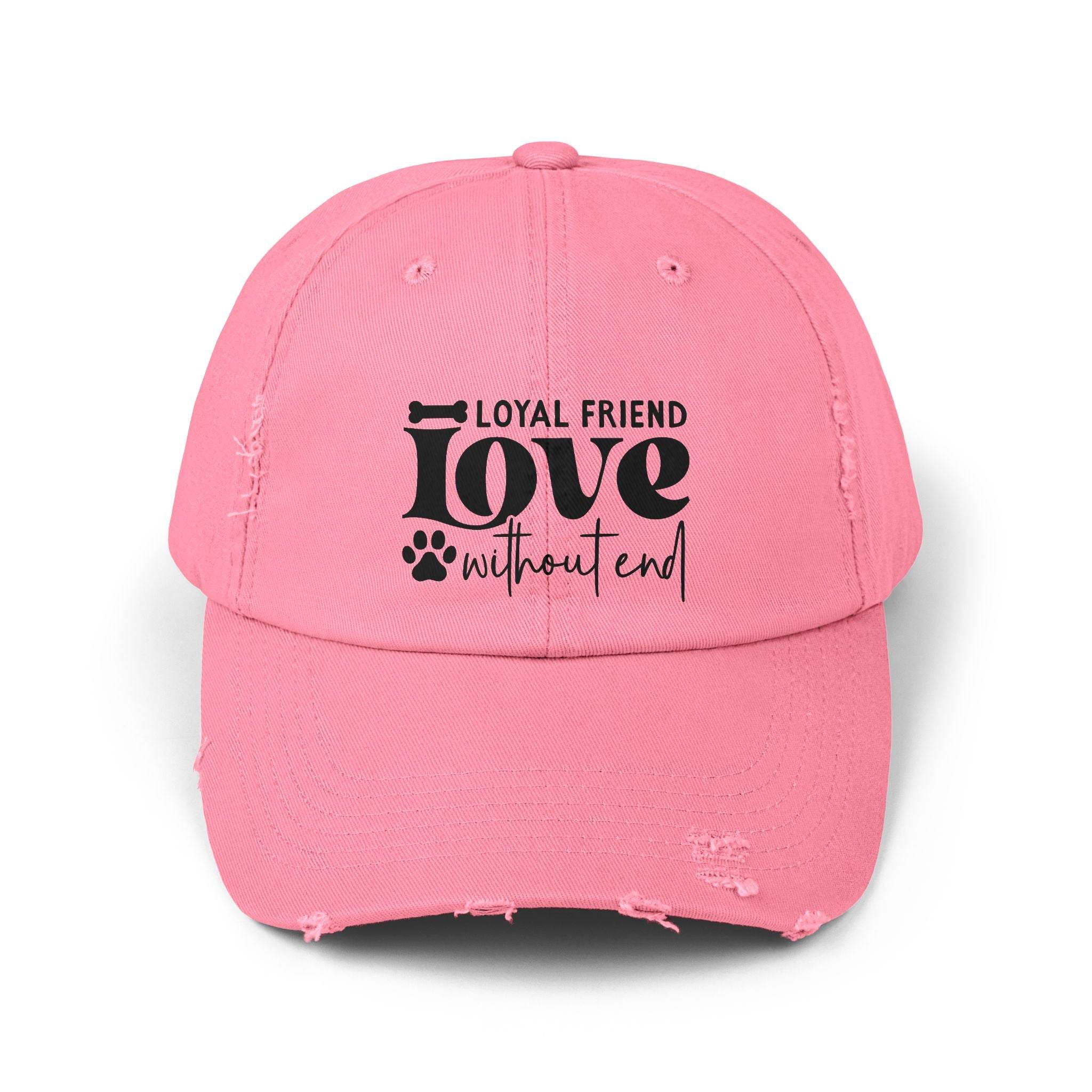 Printify pink distressed baseball cap with black paw Loyal Friend Love print eco-friendly pet lover hat