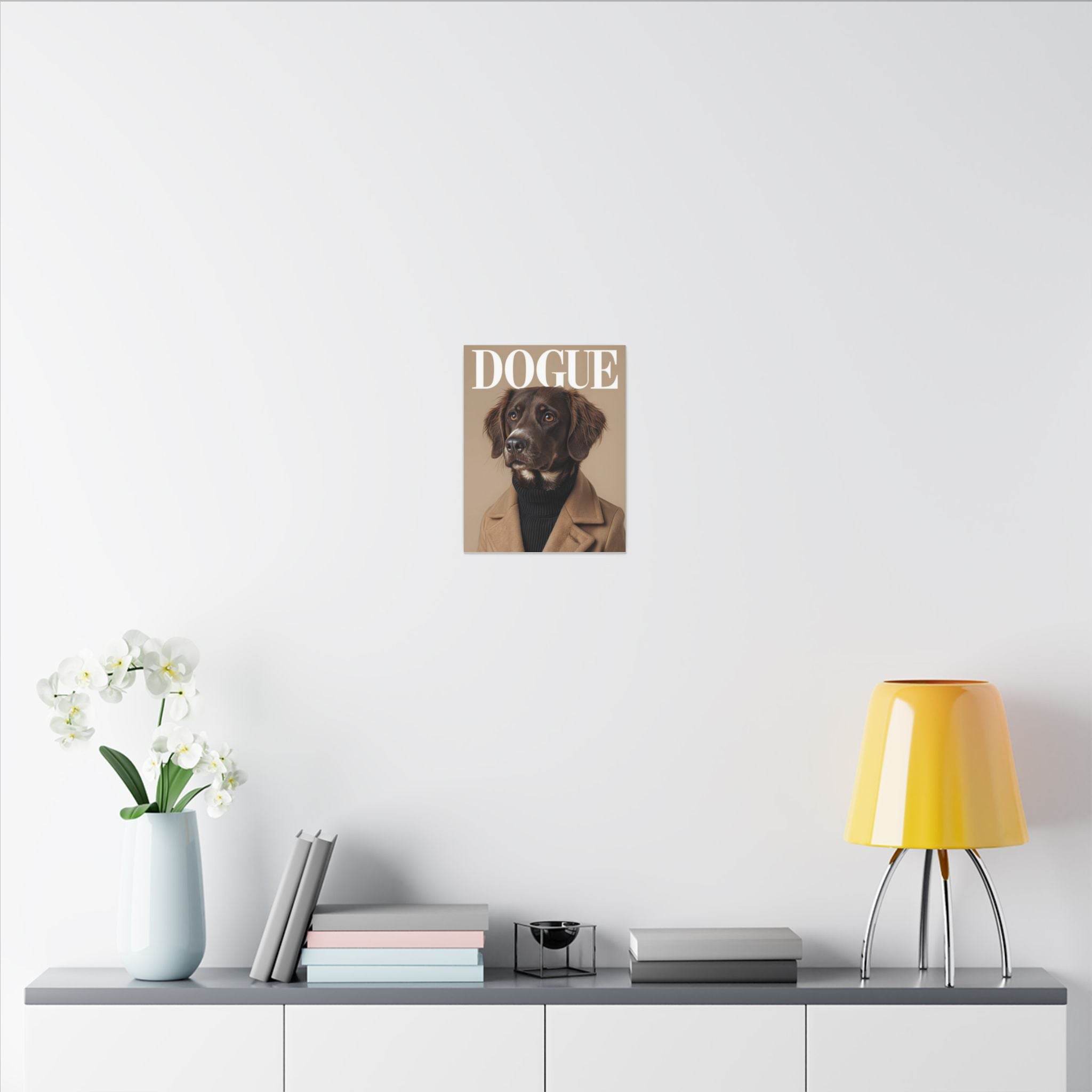 Printify canvas showing vintage dog portrait with DOGUE text on white wall and modern shelf, eco-friendly dog art print