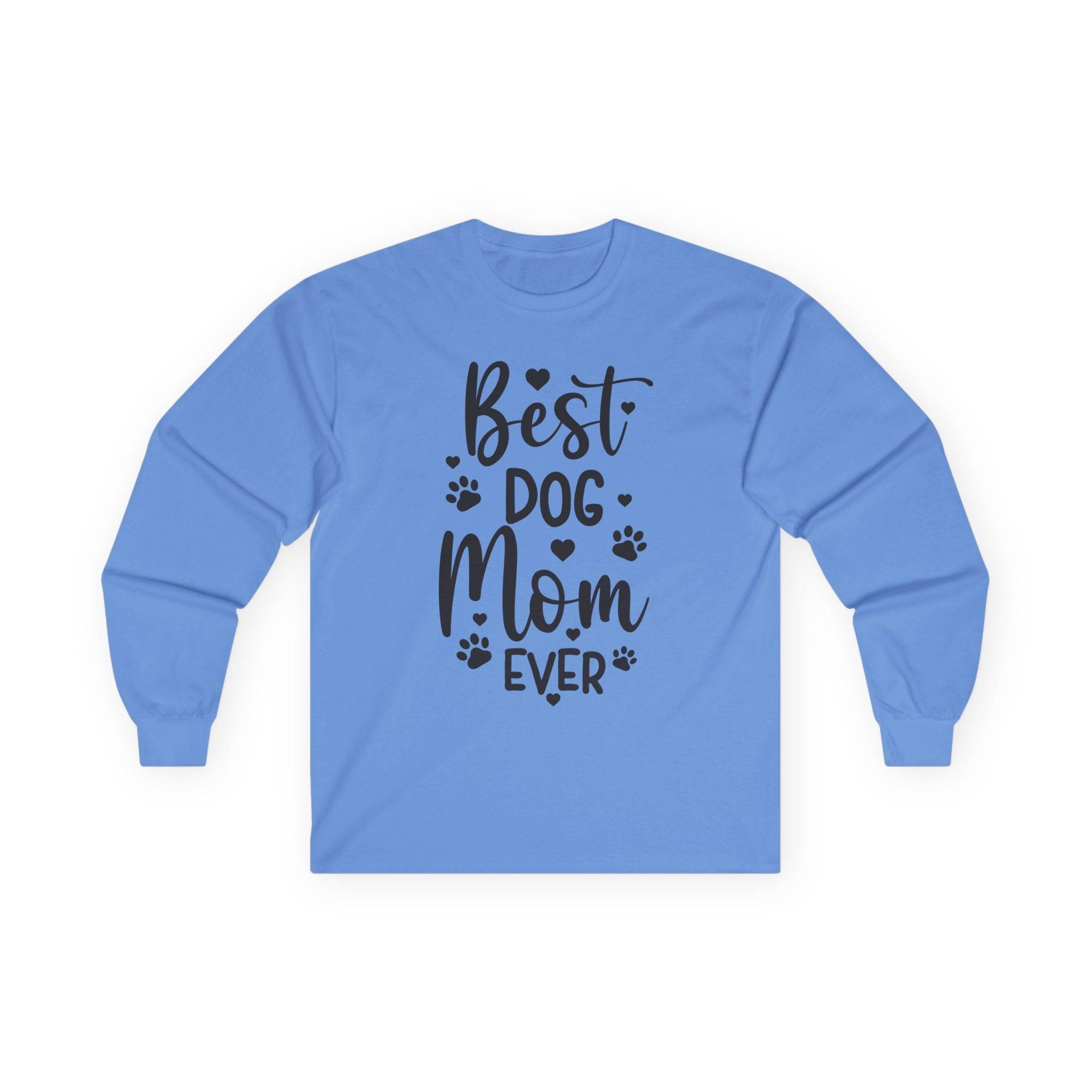 Printify light blue long sleeves with Best Dog Mom Ever black print and paw hearts eco-friendly pet lover apparel