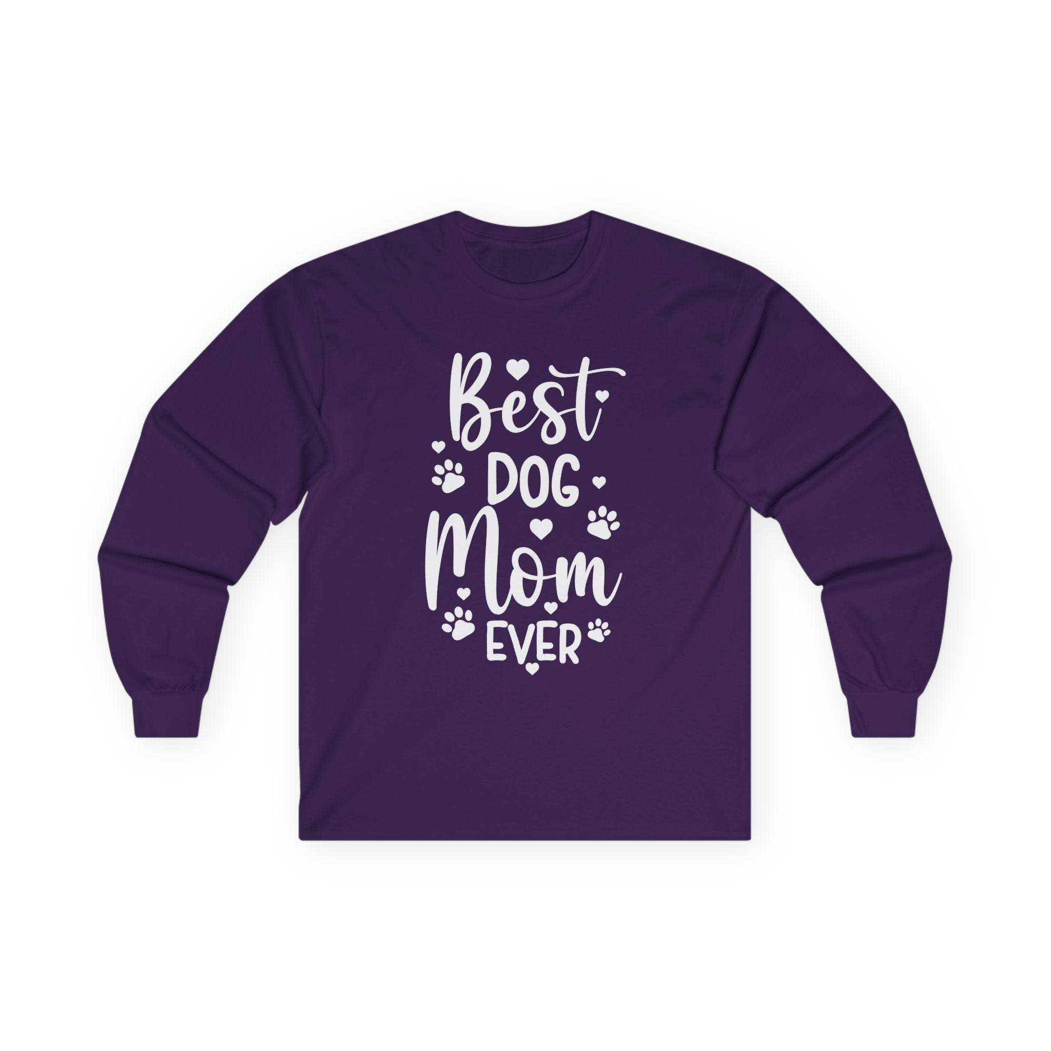 Printify purple long sleeves with white Best Dog Mom Ever design and paw prints eco-friendly pet lover apparel
