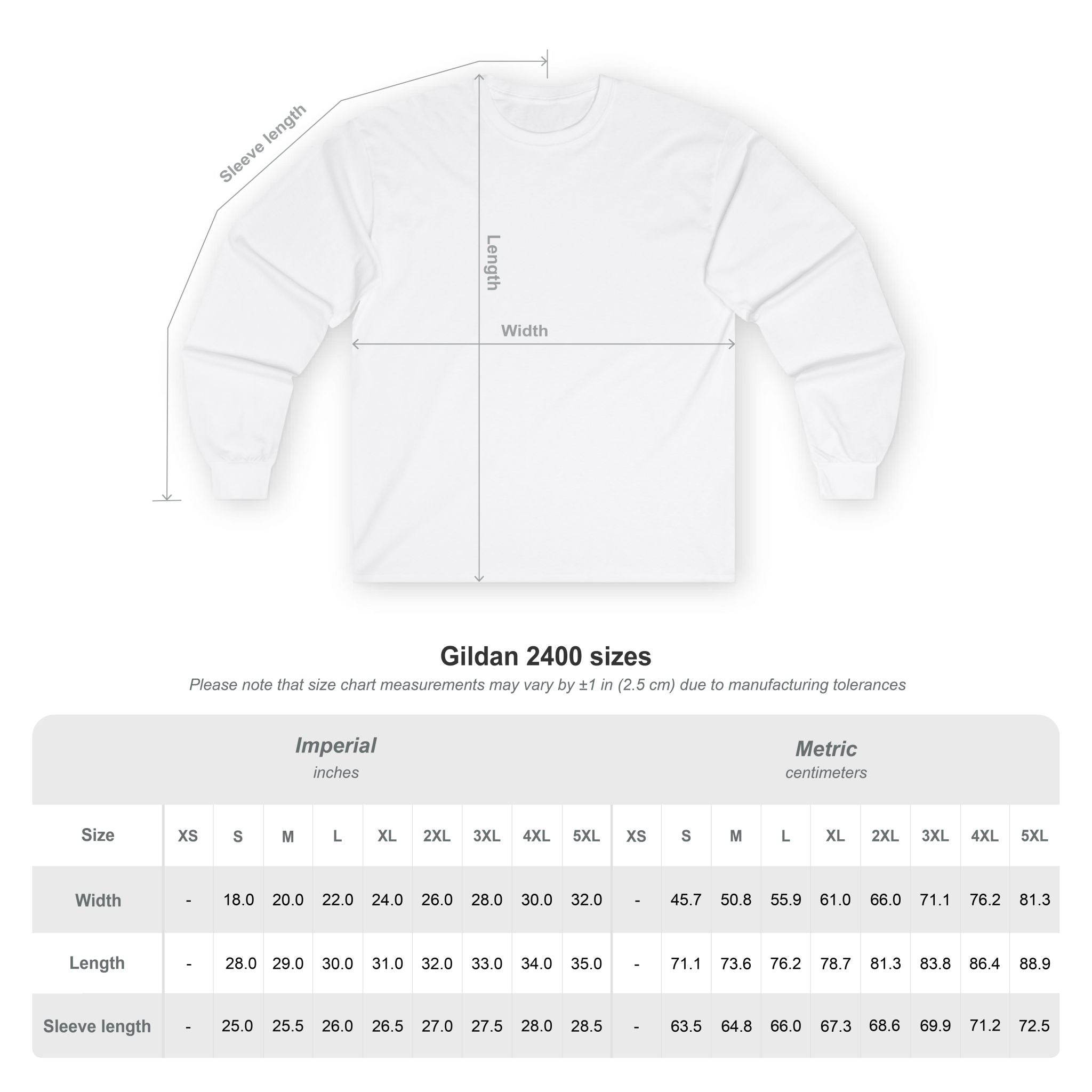 Printify long sleeve shirt mockup with Gildan 2400 sizing chart and measurements eco-friendly pet lover apparel