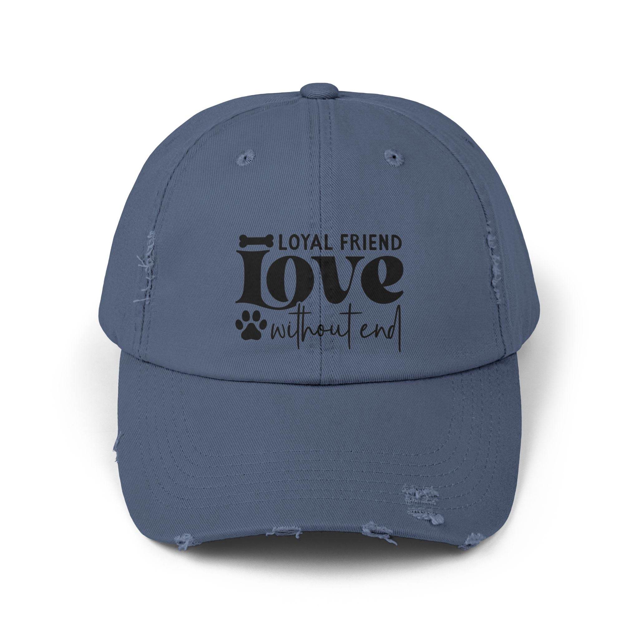 Printify eco-friendly pet lover hat distressed denim blue cap with Loyal Friend love without end paw print design