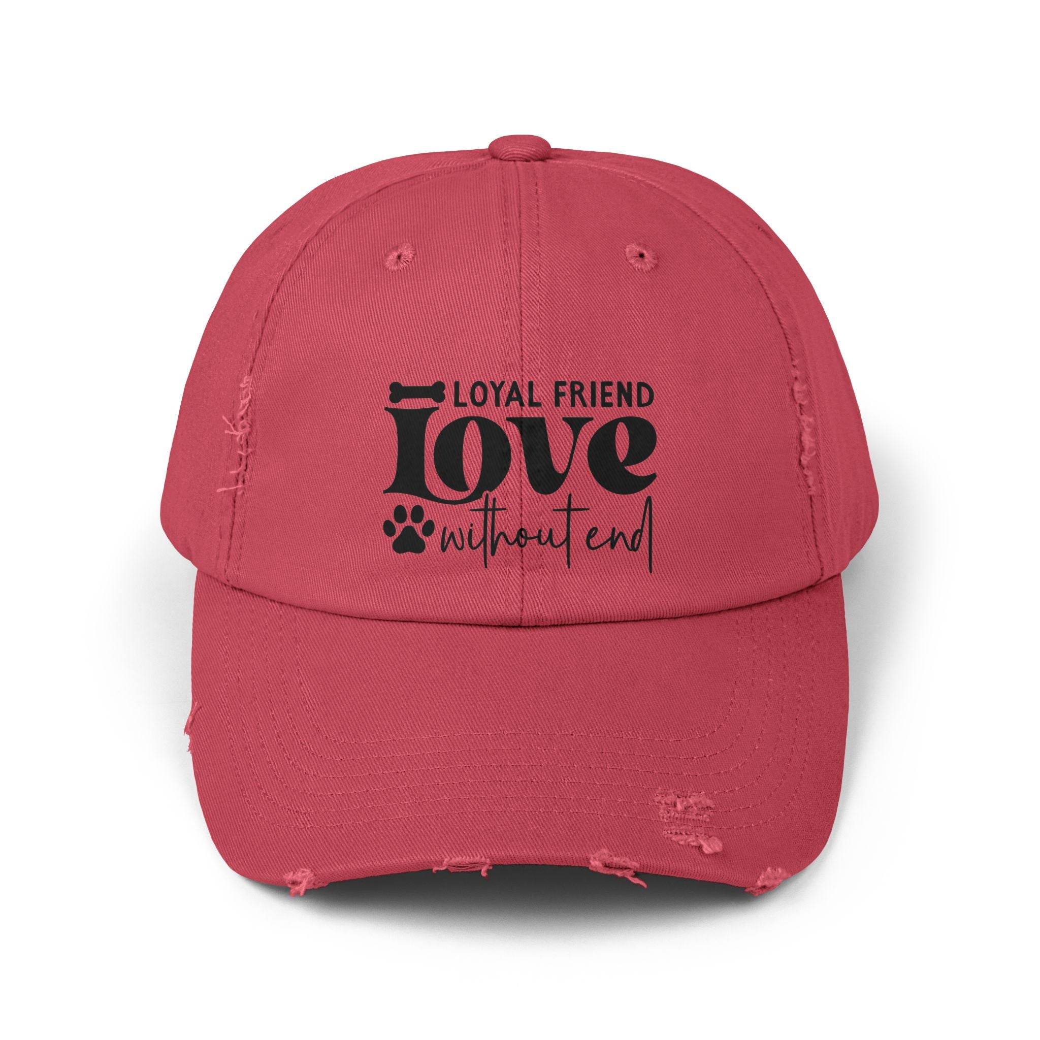 Red distressed baseball cap with Loyal Friend Love without end print and paw graphic eco-friendly pet lover hat