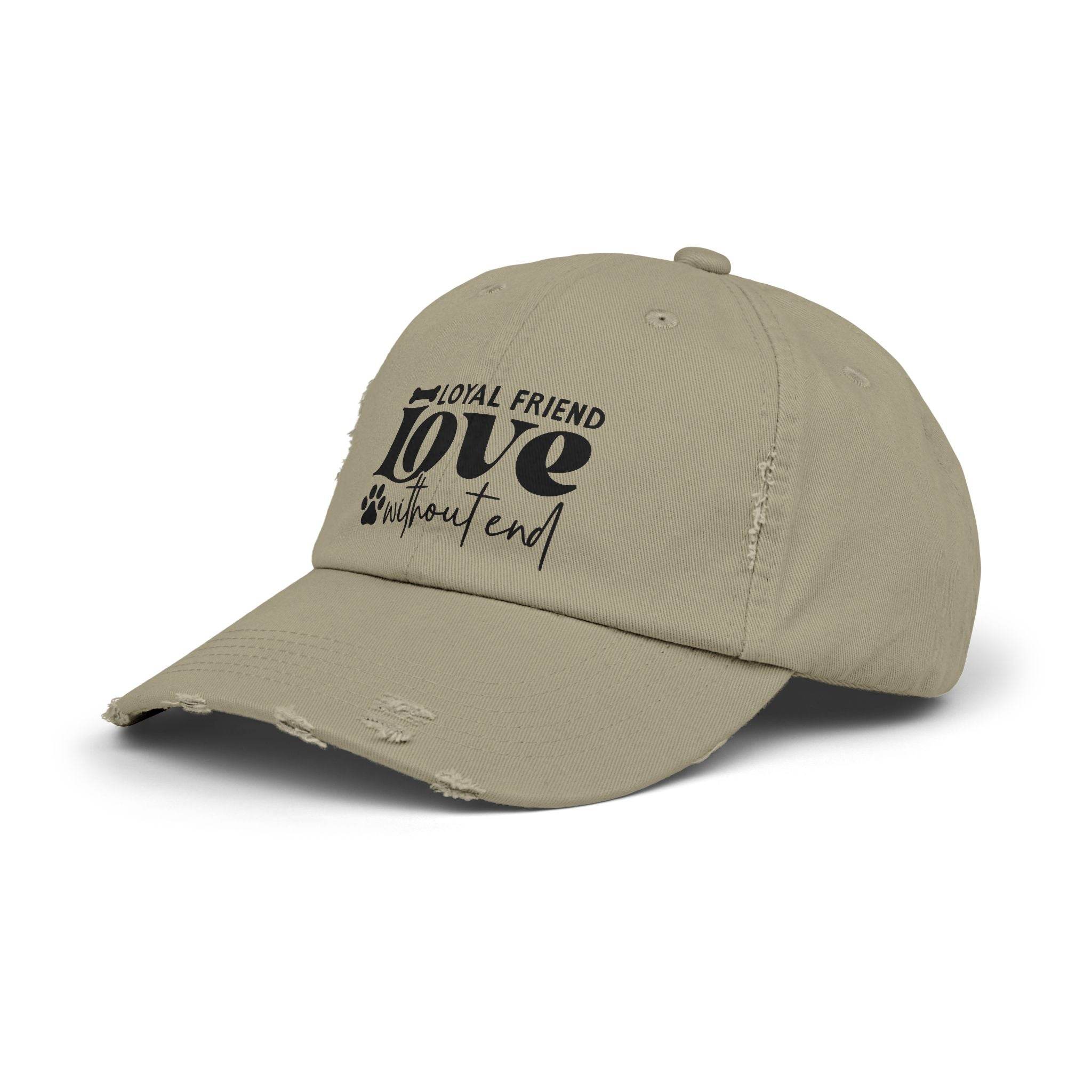 Printify khaki distressed cap with loyal friend love without end print and paw motif eco-friendly pet lover hat