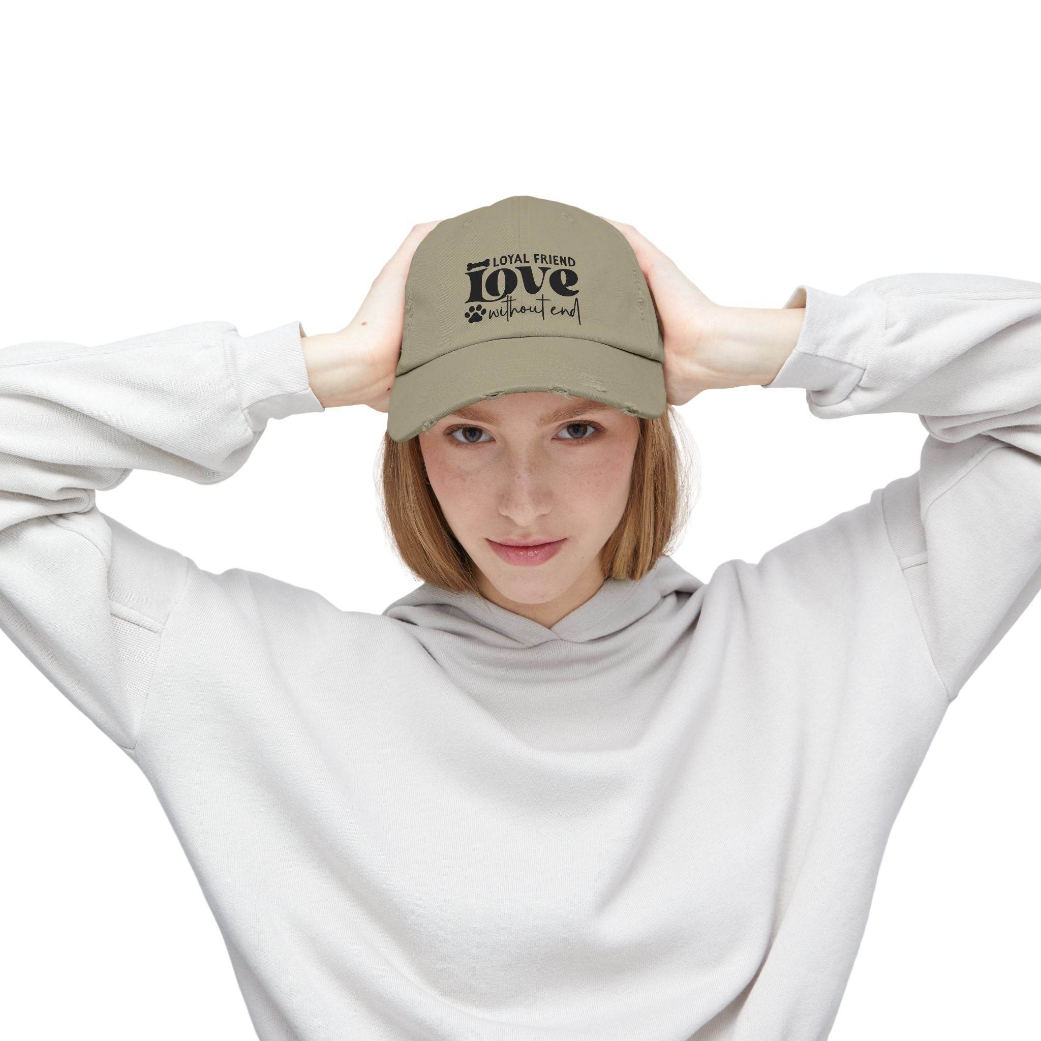 Printify eco-friendly pet lover hat khaki baseball cap with paw print love design worn by woman model