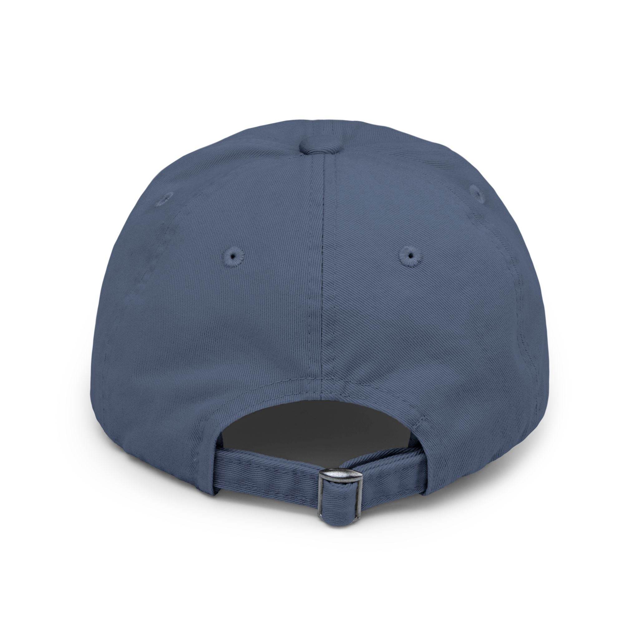 Printify navy blue adjustable baseball cap back view with metal strap buckle eco-friendly pet lover hat