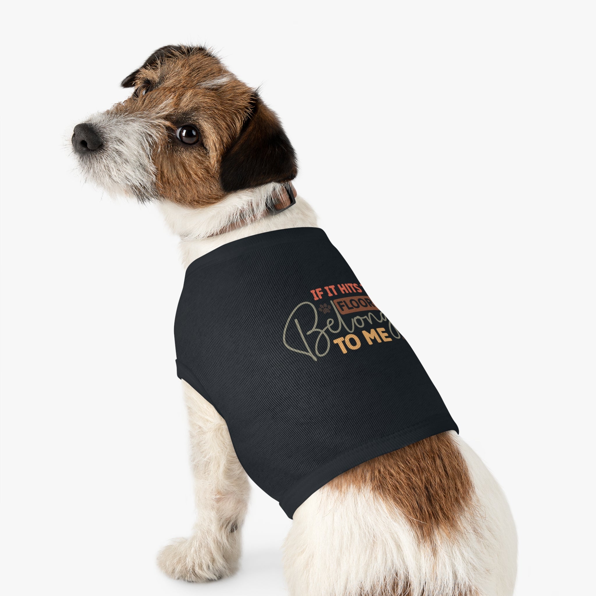Jack Russell dog wearing black eco-friendly pet tank top with printed slogan seated looking back